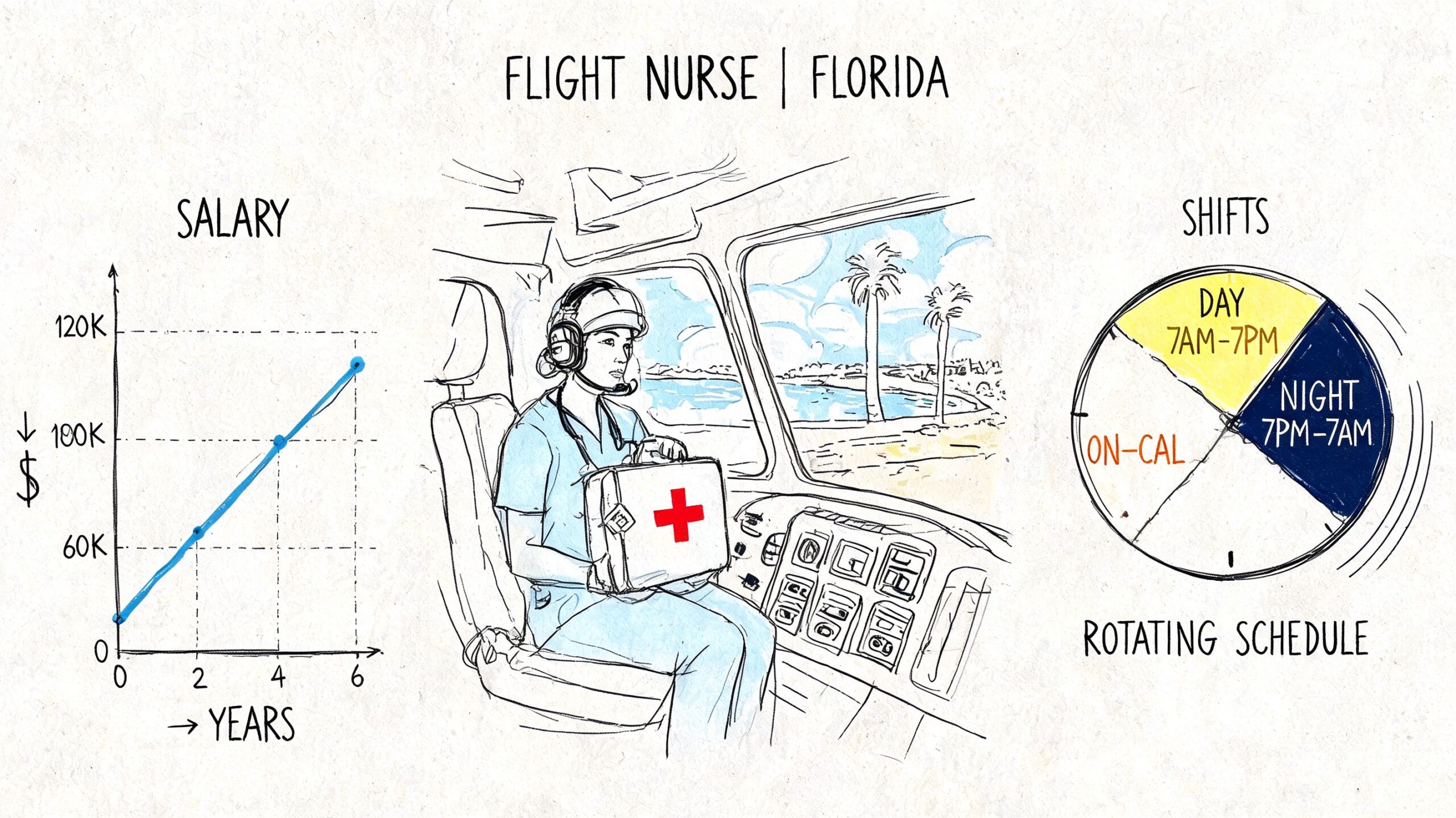 A hand-drawn illustration showing flight nurse career details in Florida, including salary growth and work shifts.