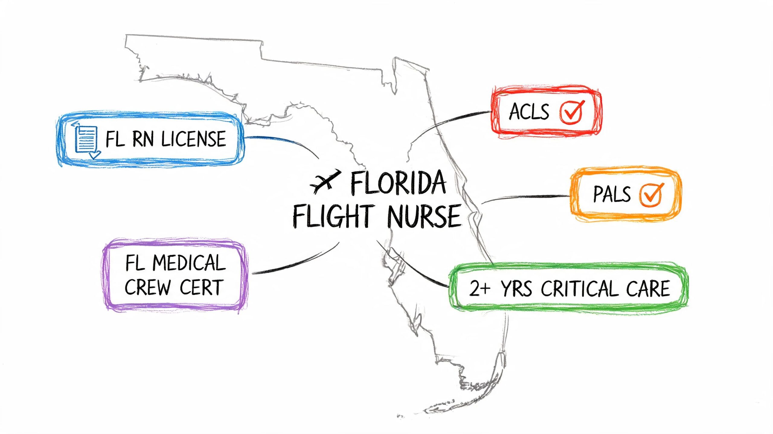 An infographic showing requirements for a Florida flight nurse including certifications, licenses, and experience.