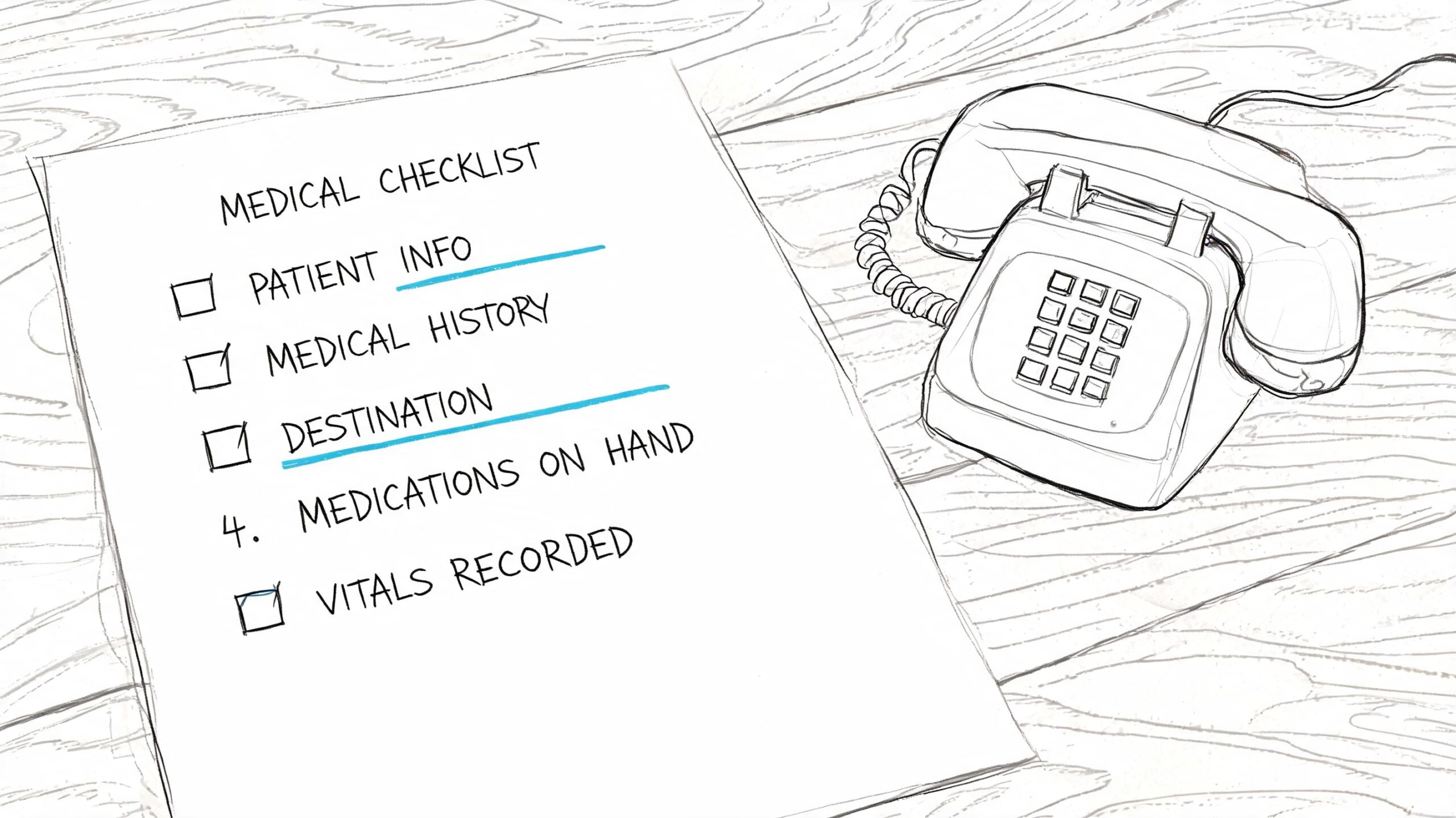 A hand-drawn checklist titled Medical Checklist next to a vintage telephone on a wooden surface.
