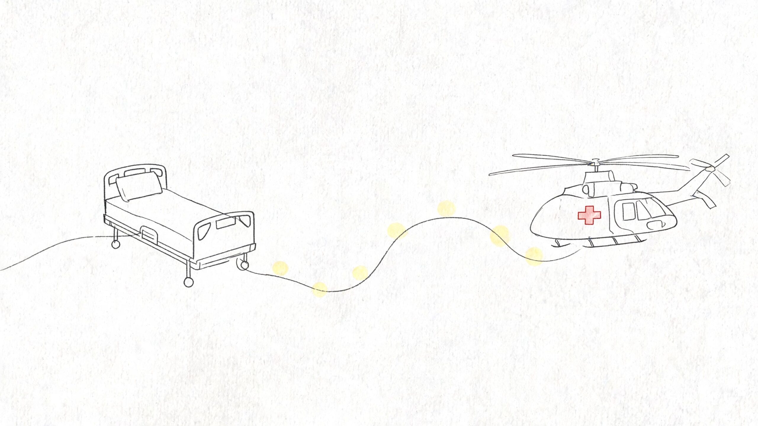 A simplified line drawing connecting a hospital bed to a medical helicopter with a dotted path.