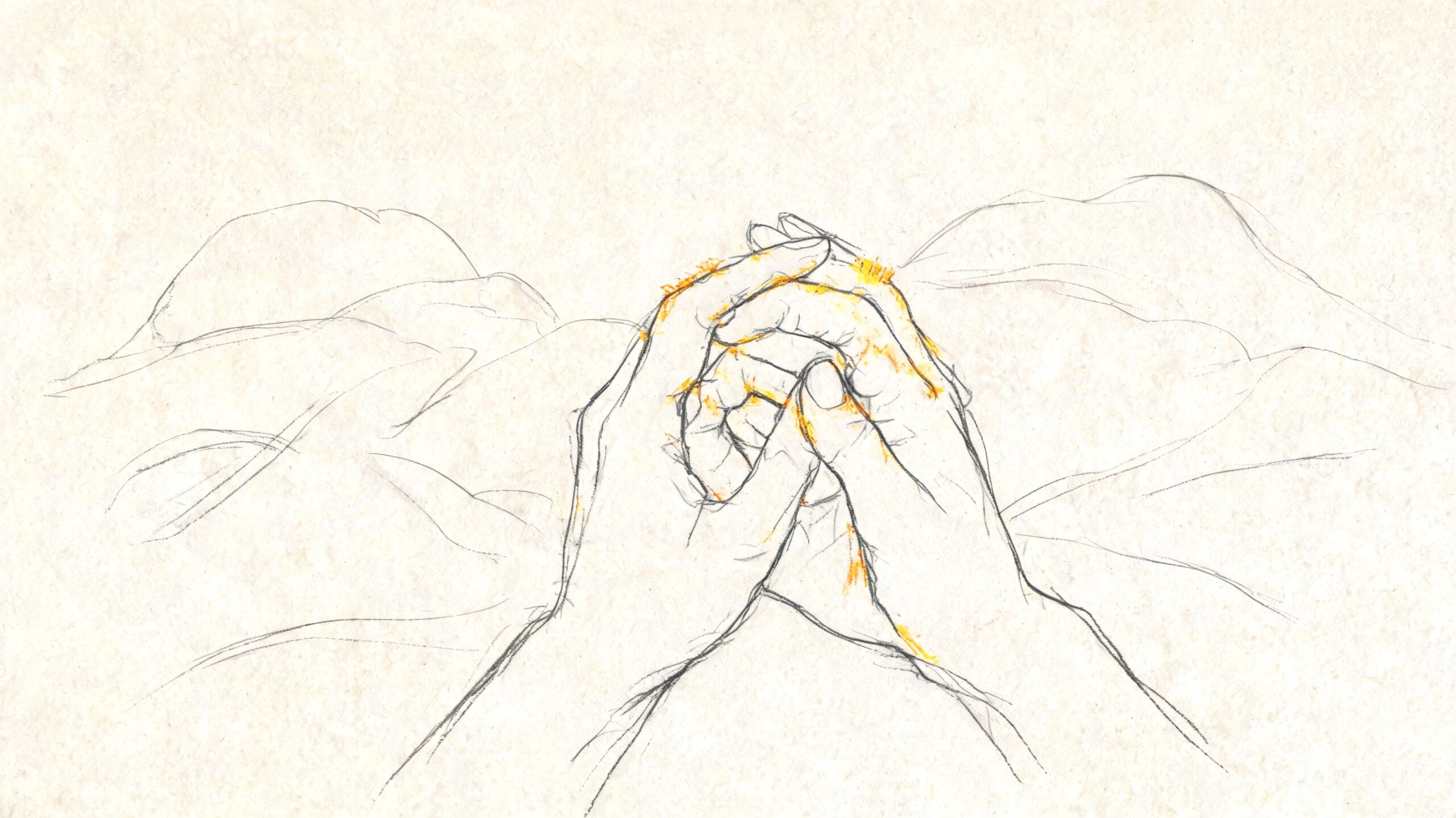 A gentle pencil sketch of two hands held together in a gesture of care and comfort.