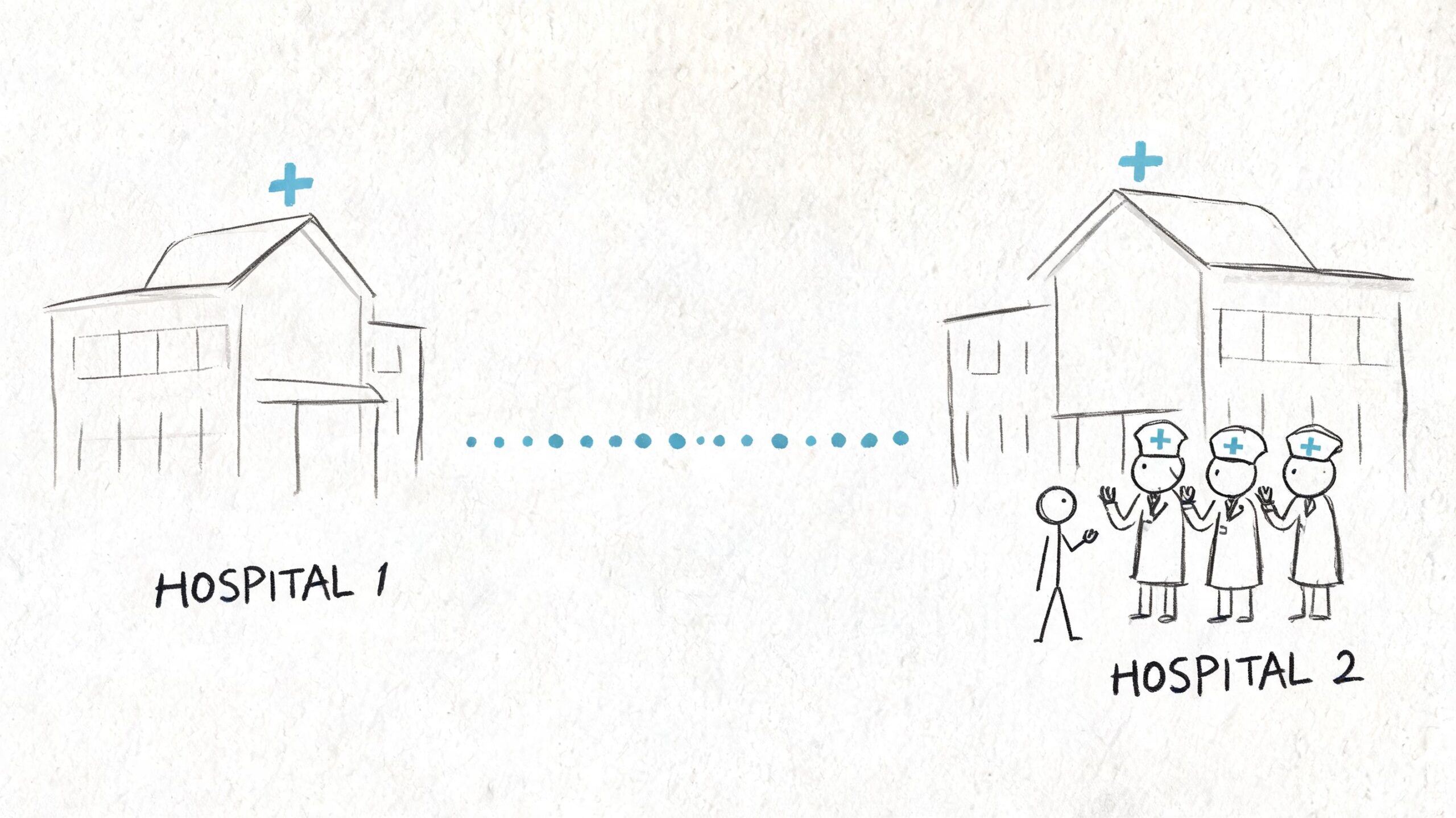 A conceptual illustration showing a person interacting with medical staff near a hospital, representing patient transfer.