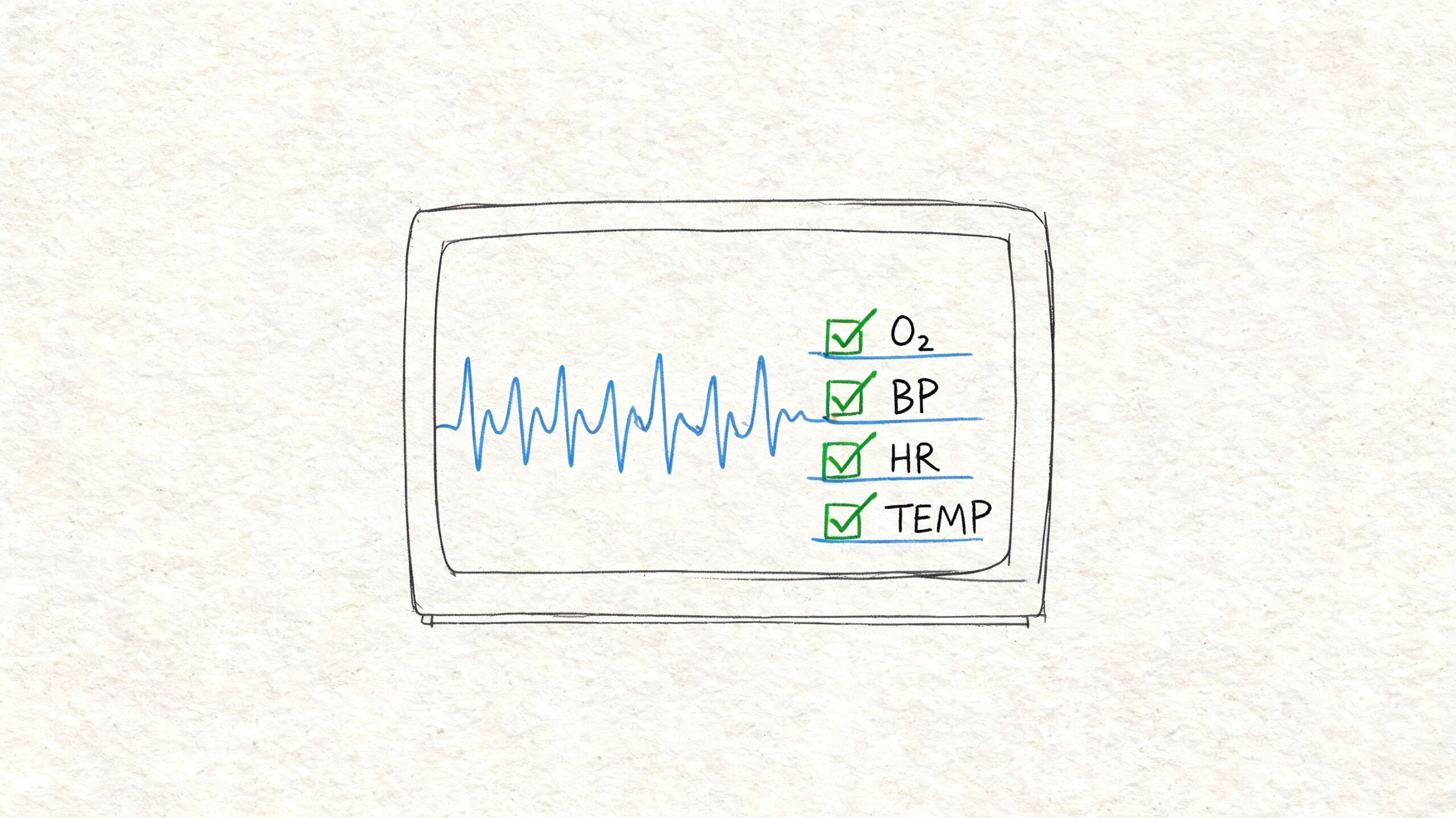 A hand-drawn sketch of a patient medical monitor displaying vital signs and a heart rate graph.