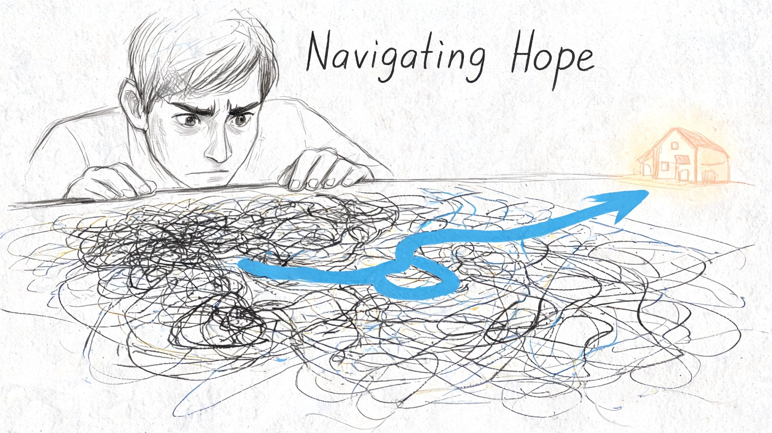 A sketched illustration of a young man intently looking at a complex, tangled map toward a glowing house.