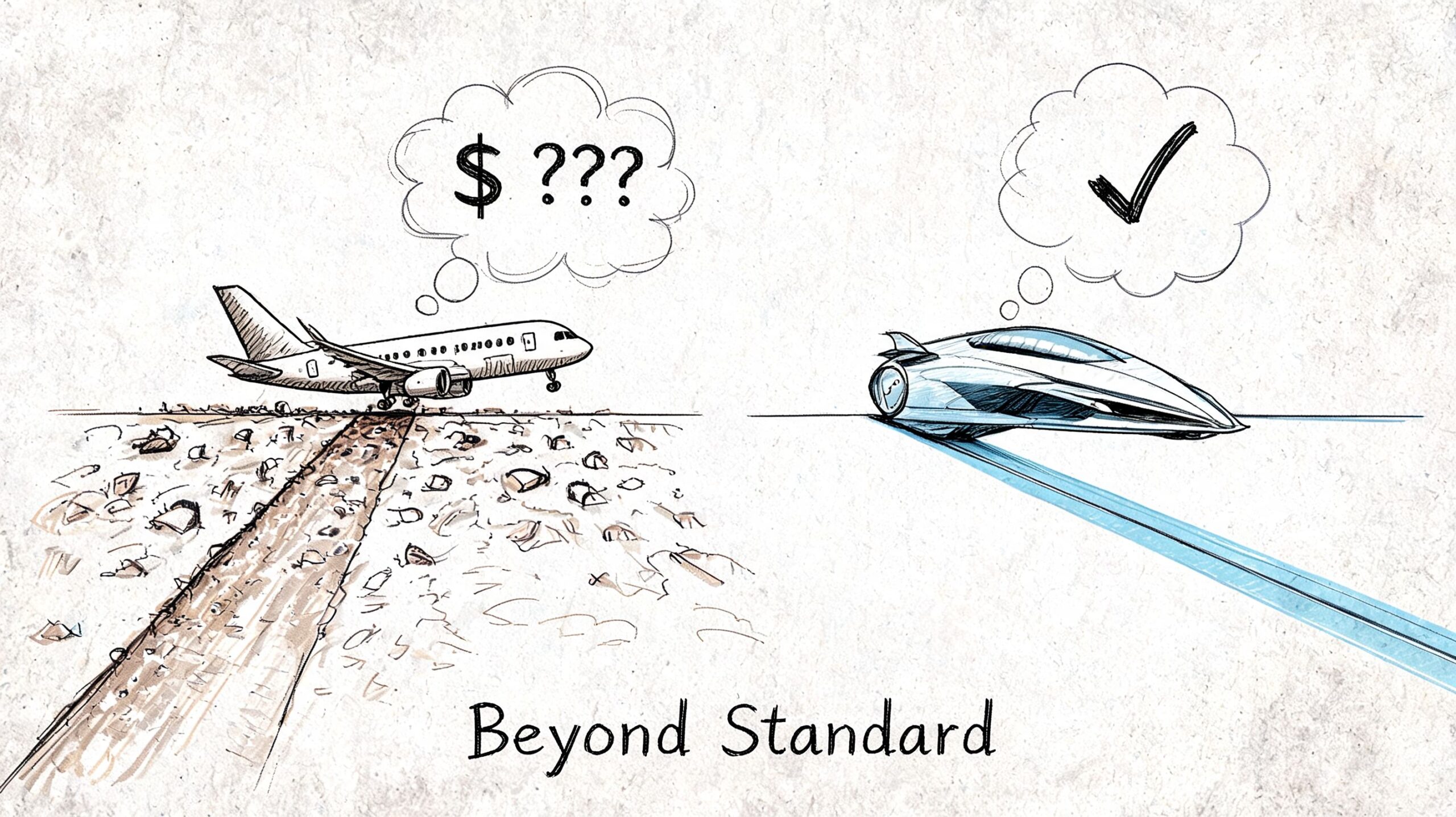 An illustration comparing a costly airplane to a sleek, efficient futuristic vehicle under the text Beyond Standard.