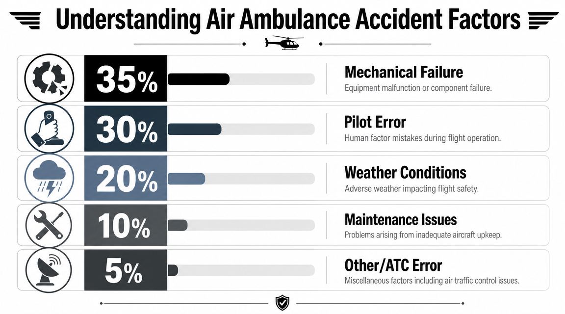 A bar chart infographic detailing the primary causes of air ambulance accidents, including mechanical failure and pilot error.