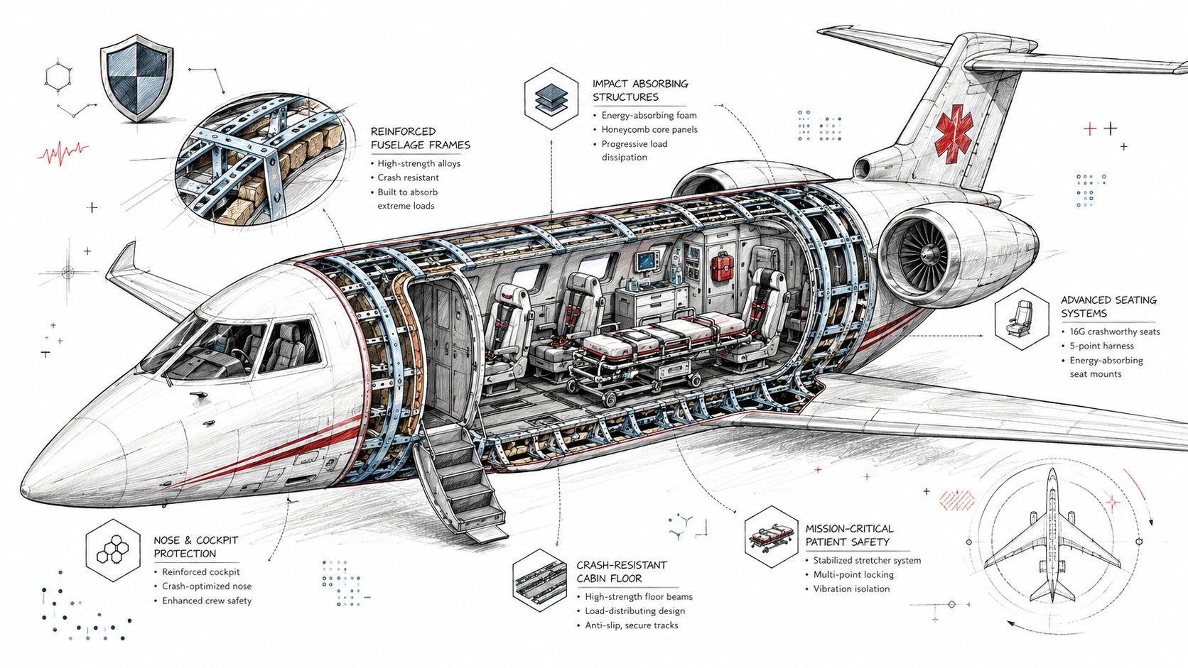 A detailed technical illustration of a medical air ambulance aircraft highlighting its safety and crash-resistant features.