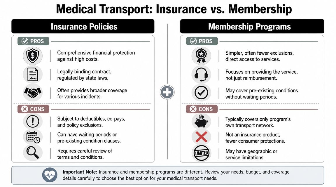 A comparison chart outlining the pros and cons of medical transport insurance versus membership programs for coverage.