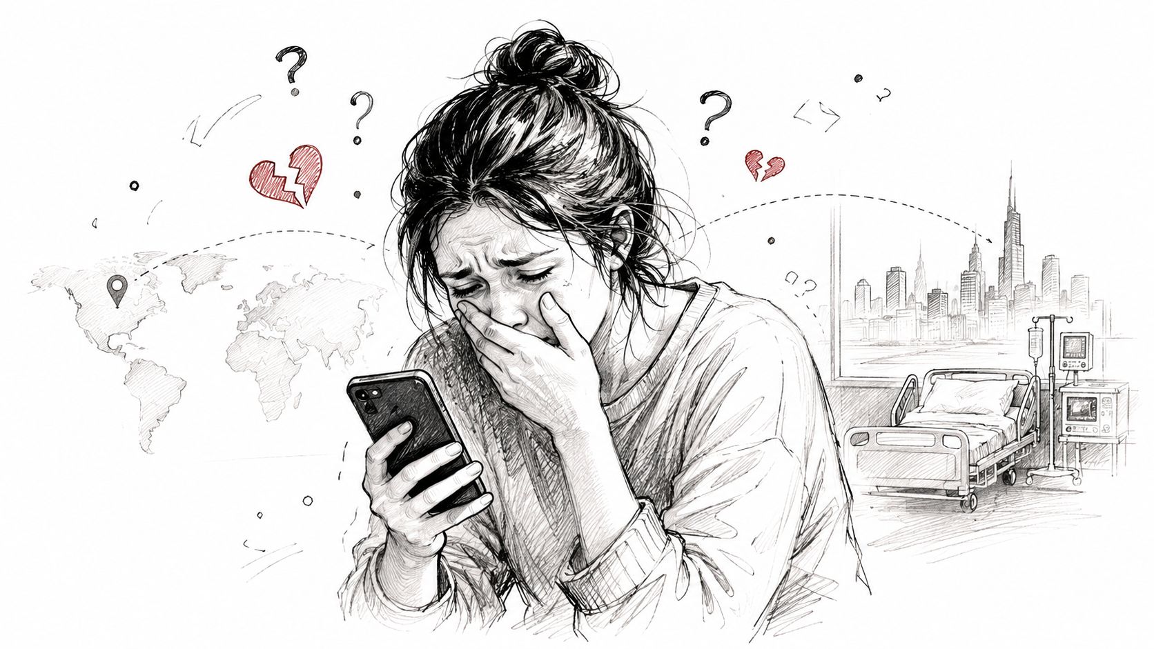 A distressed woman looking at her smartphone while visualizing global separation and hospital care, illustrating long-distance medical challenges.