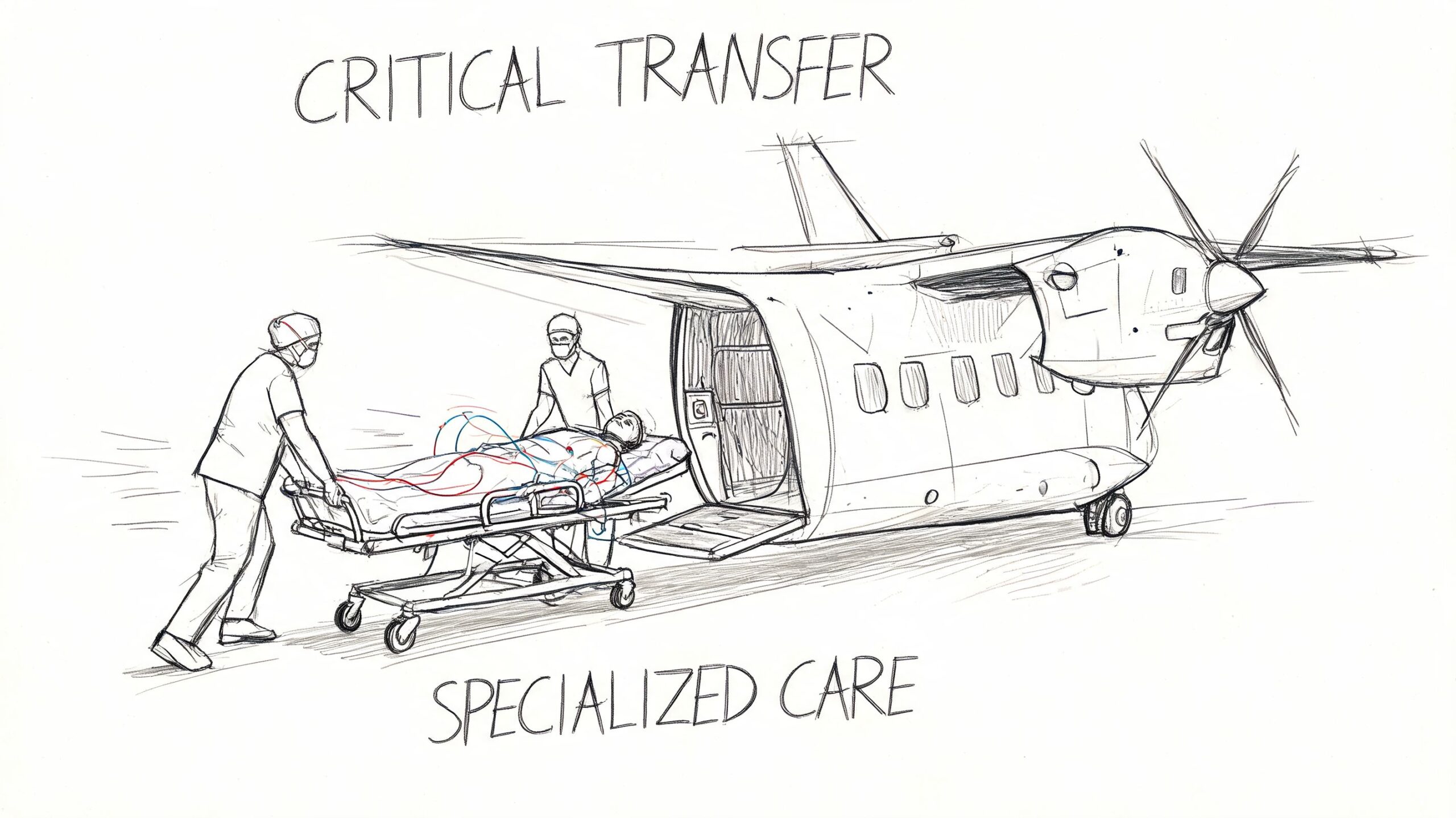 Medical staff wheeling a patient on a stretcher into a waiting aircraft for critical transport.