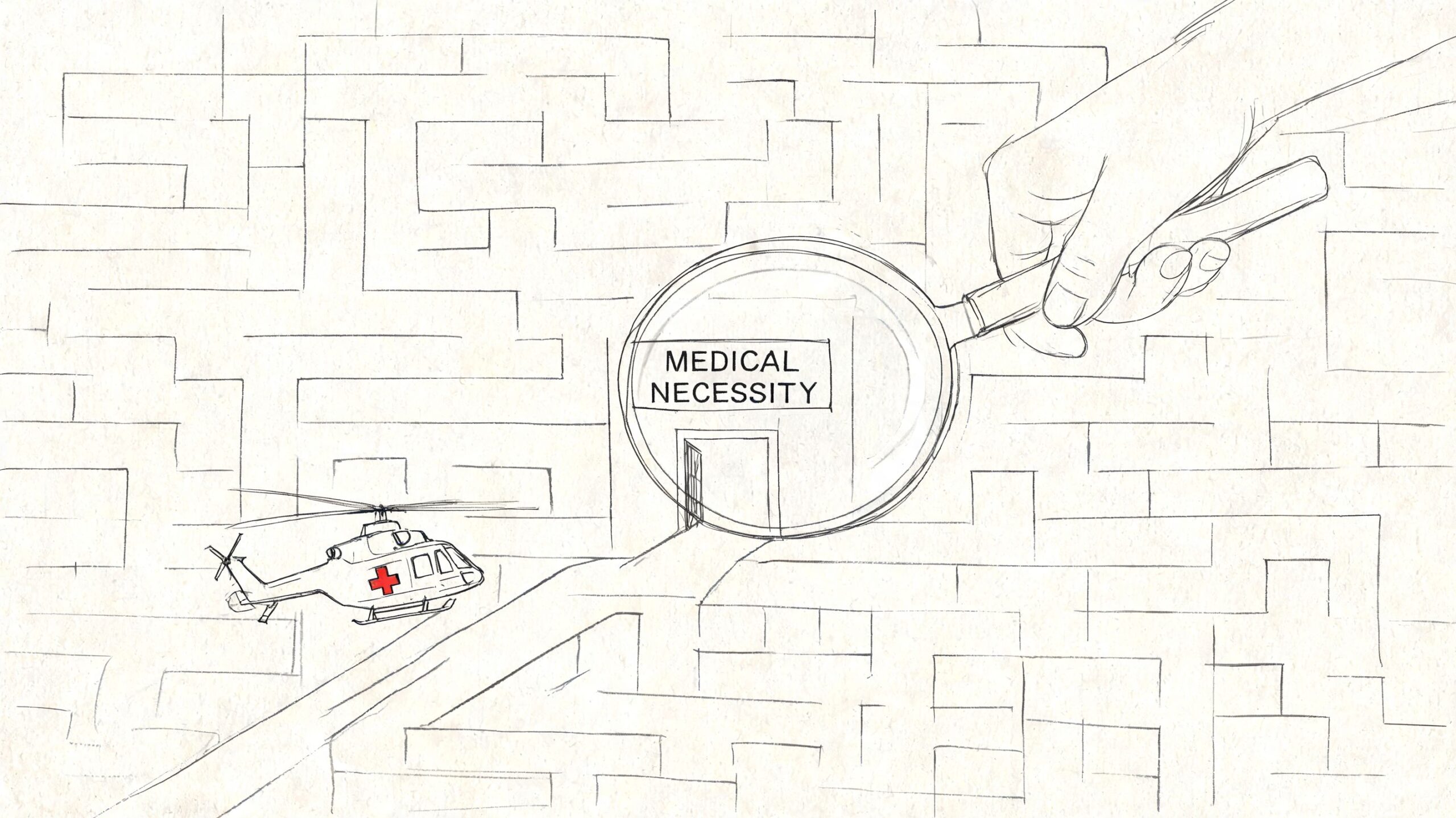 A magnifying glass inspecting the words Medical Necessity above a maze leading to a medical transport helicopter.