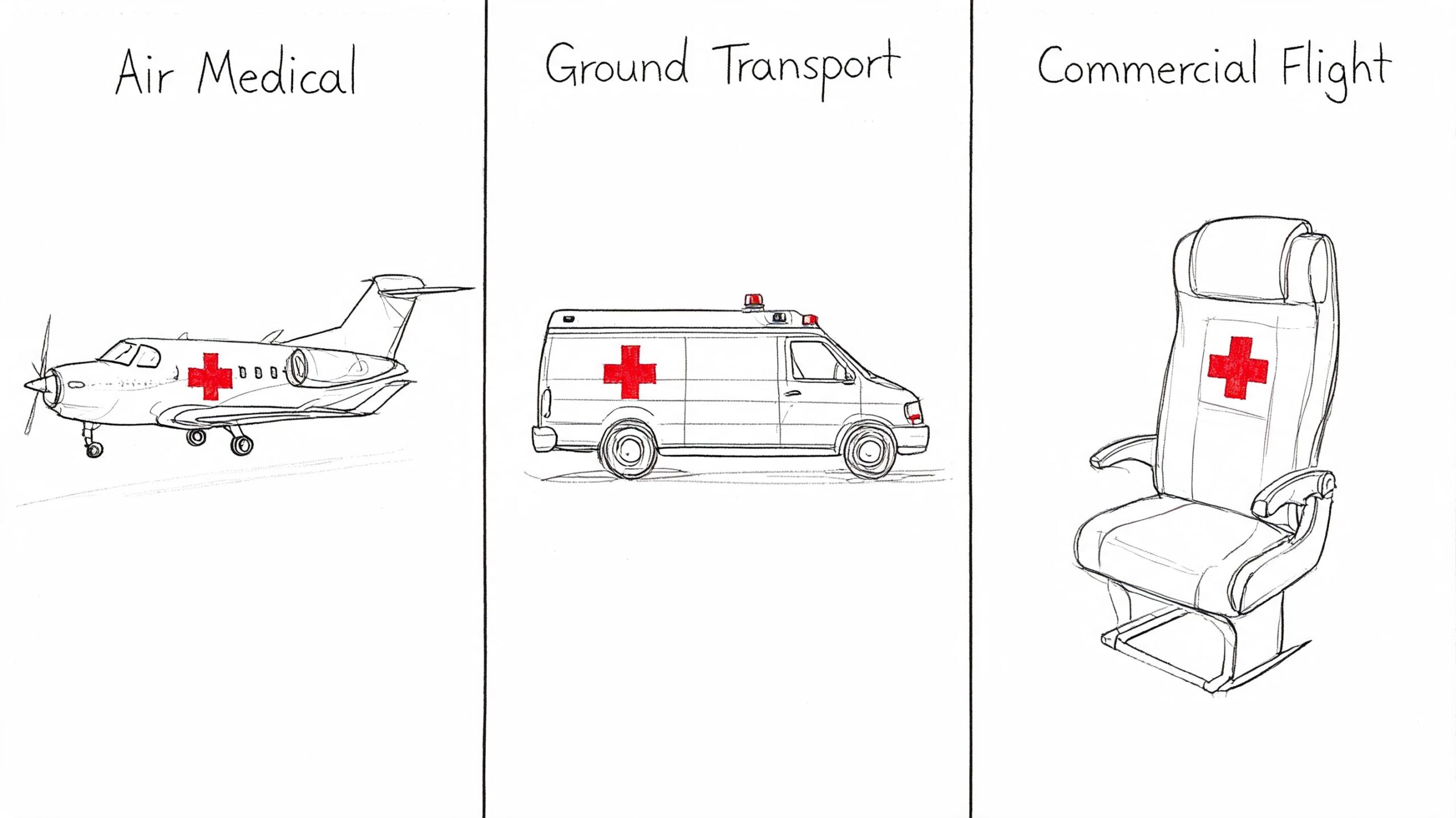 A hand-drawn illustration showing three medical transportation options: an air medical plane, ground ambulance, and commercial flight seat.