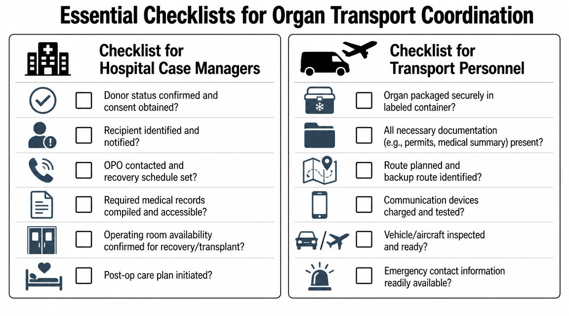 A dual-column checklist infographic for hospital case managers and transport personnel coordinating organ transport operations.