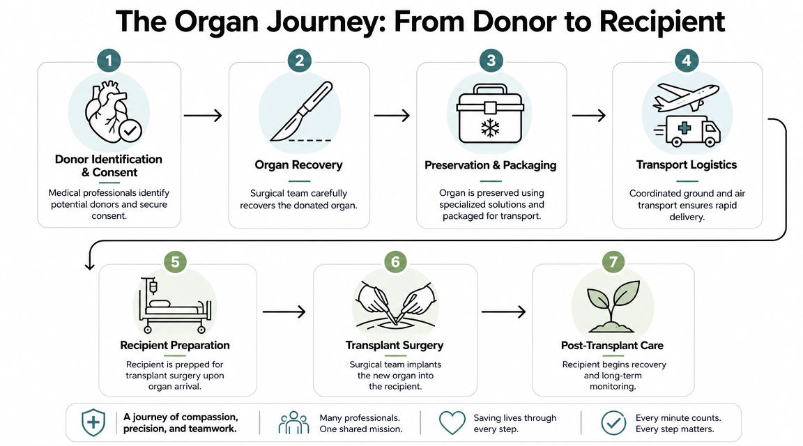 A diagram illustrating the seven-step organ transplant process from initial donor identification to final post-transplant patient care.