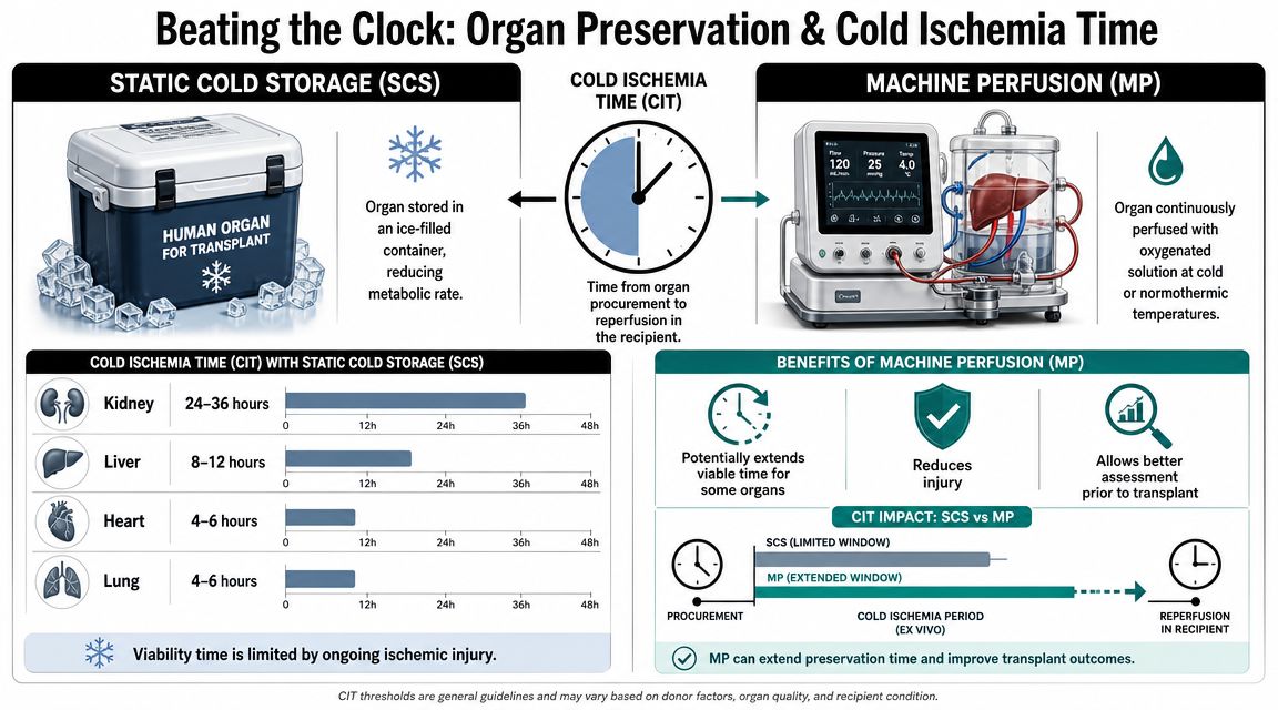An infographic comparing static cold storage and machine perfusion for medical organ transport and preservation.