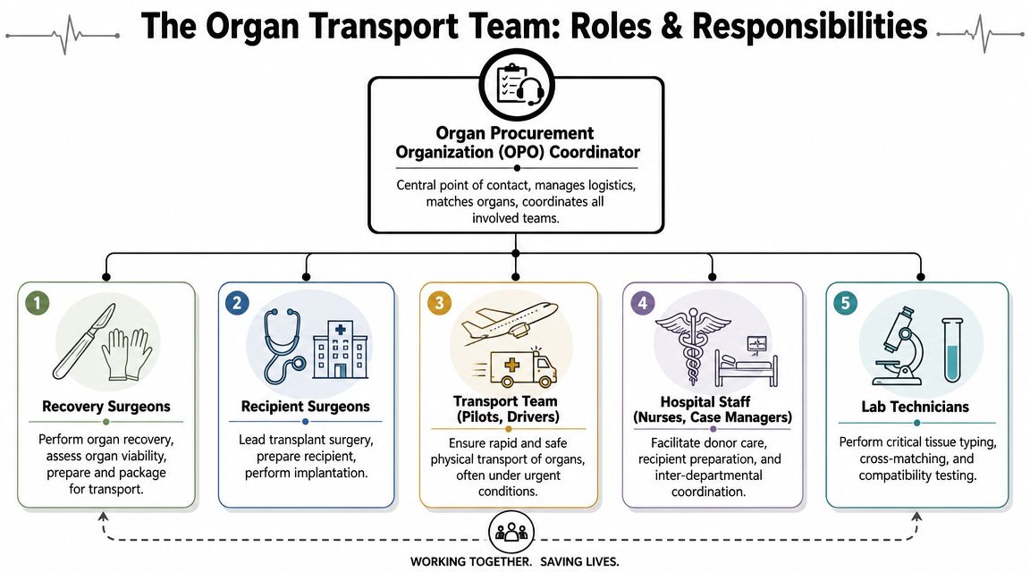 A diagram outlining the roles and responsibilities of an organ transport team for transplant operations.
