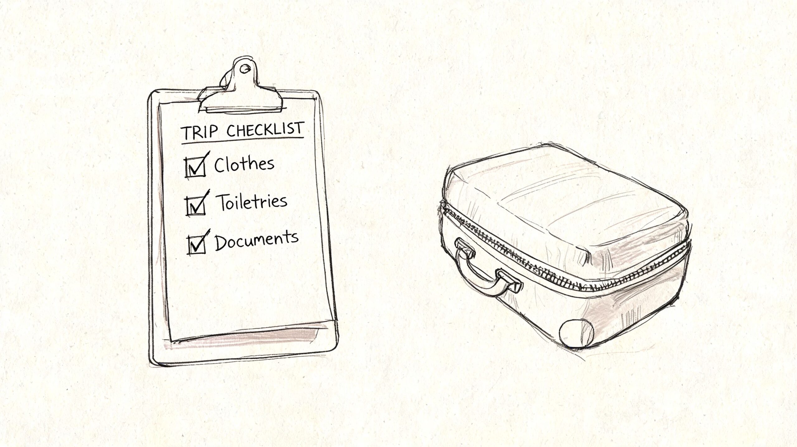 A pencil sketch of a trip checklist on a clipboard next to a packed travel suitcase.