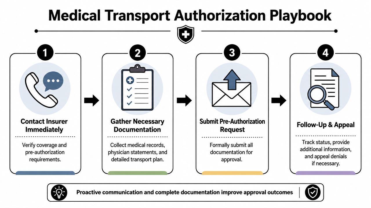 A flowchart titled Medical Transport Authorization Playbook showing four steps for obtaining medical insurance approval for transport services.