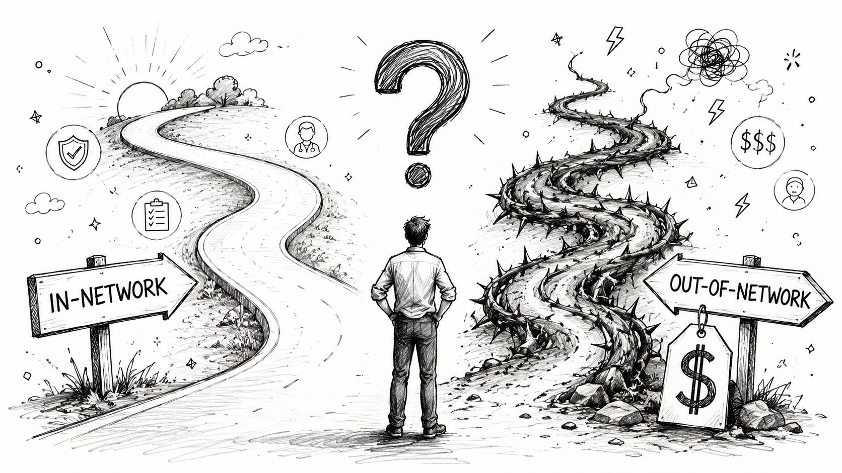 A person standing at a fork in the road choosing between an easy in-network path and difficult out-of-network road.
