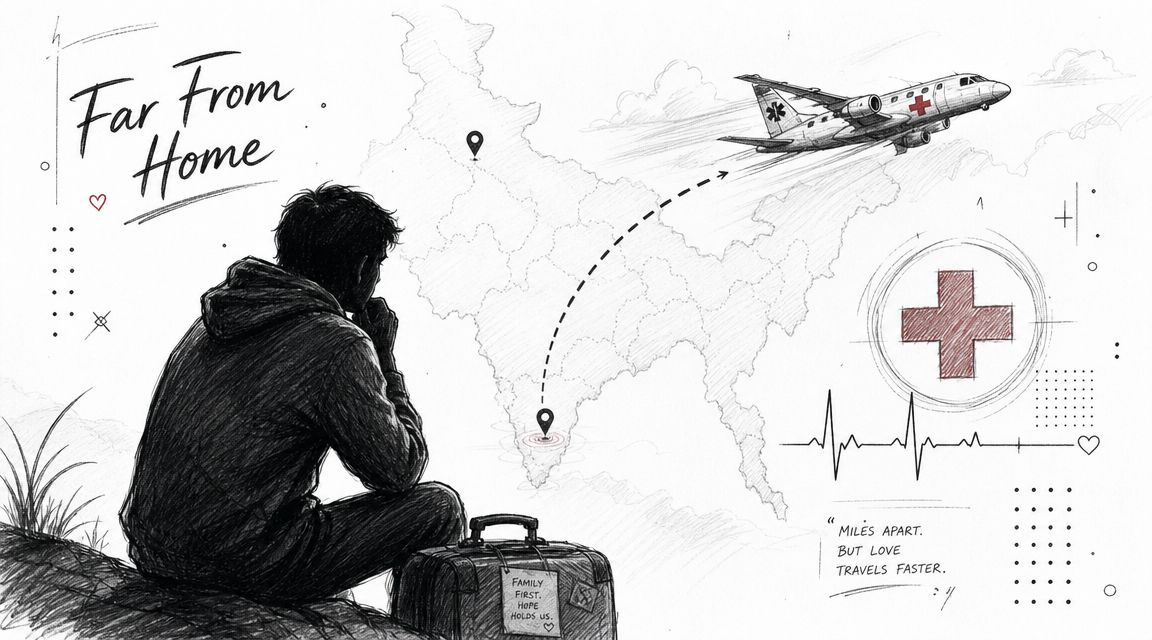 A sketched illustration of a person sitting with a suitcase watching a medical evacuation flight leave.