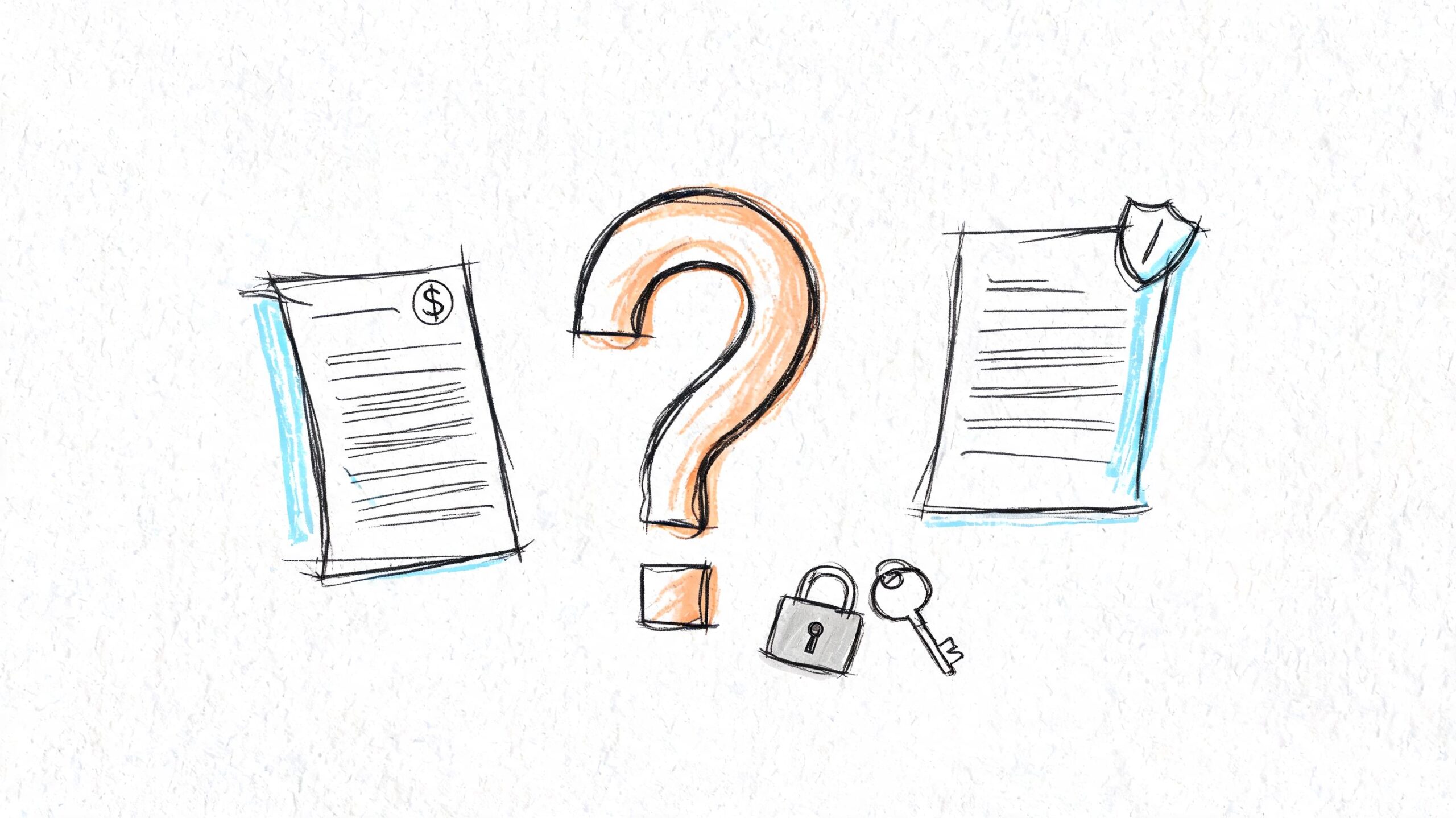 A hand-drawn illustration showing a document with a dollar sign, a large question mark, and a protected document.