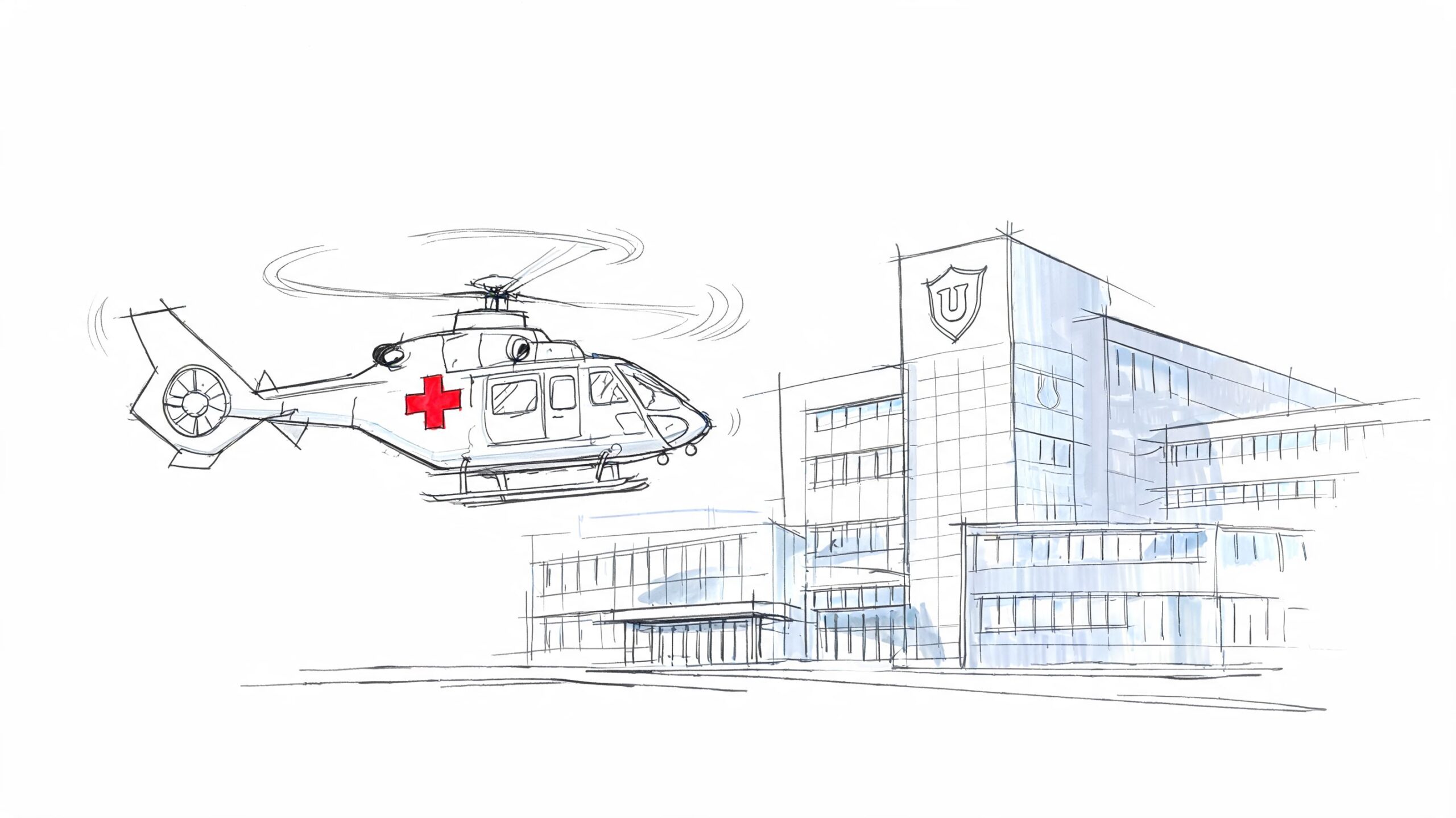 A pencil sketch of a medical helicopter flying next to a modern university hospital building.