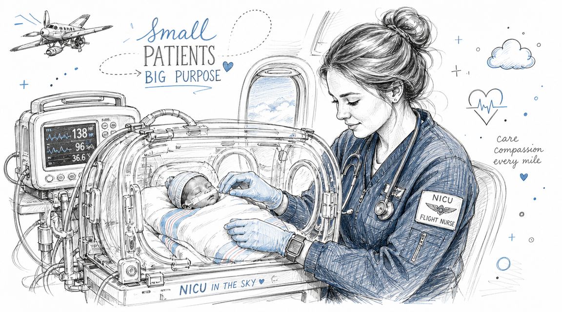 A caring NICU flight nurse monitors a tiny infant inside a portable incubator during an emergency medical transport.