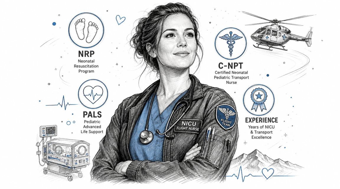 A professional NICU flight nurse depicted in a sketch style surrounded by medical certifications and equipment.
