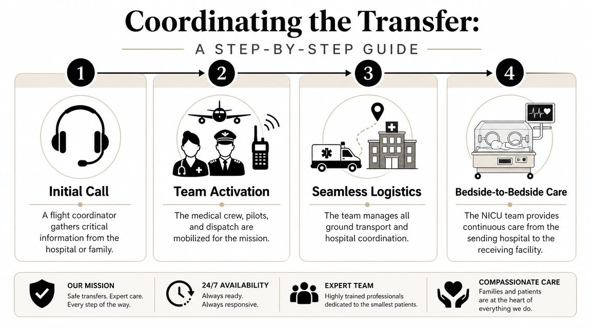 An infographic titled Coordinating the Transfer detailing a four step process for medical patient transportation services.