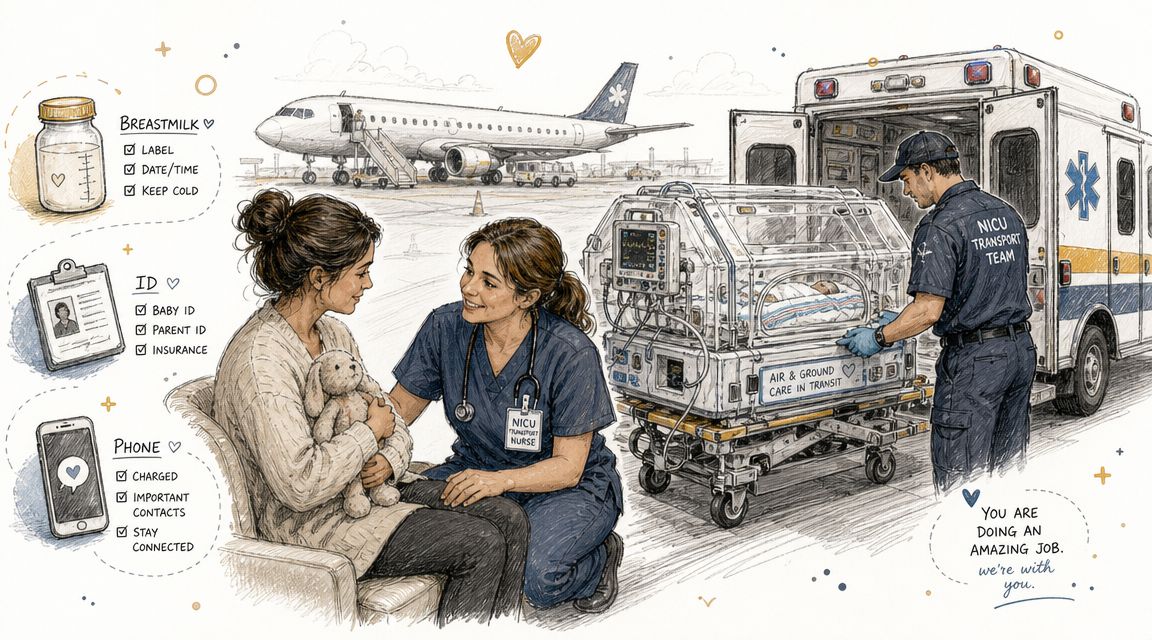 A NICU nurse comforts a mother while a transport team loads an infant into an ambulance.