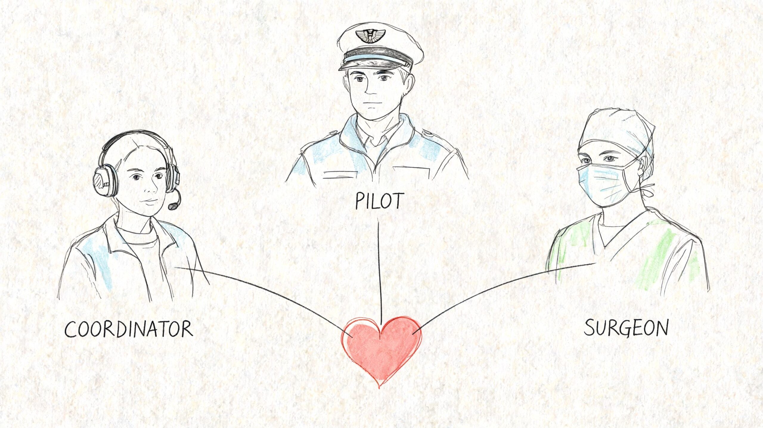 A line drawing illustration showing a coordinator, a pilot, and a surgeon connected to a heart.