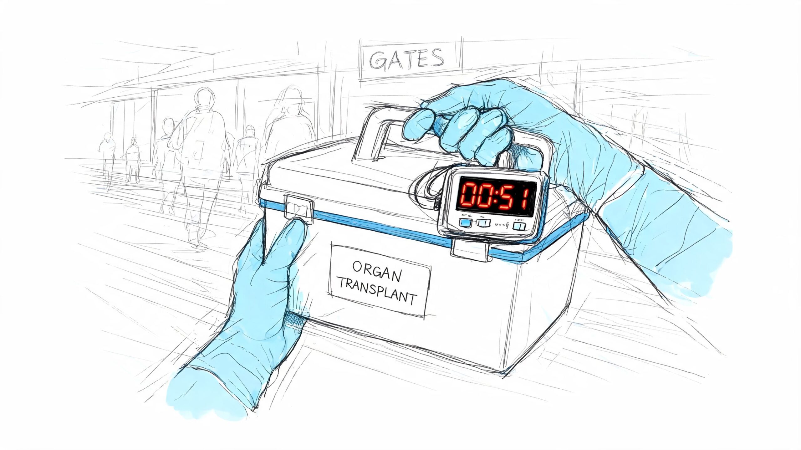 A gloved hand carries an organ transplant cooler with a countdown timer through a busy airport terminal.