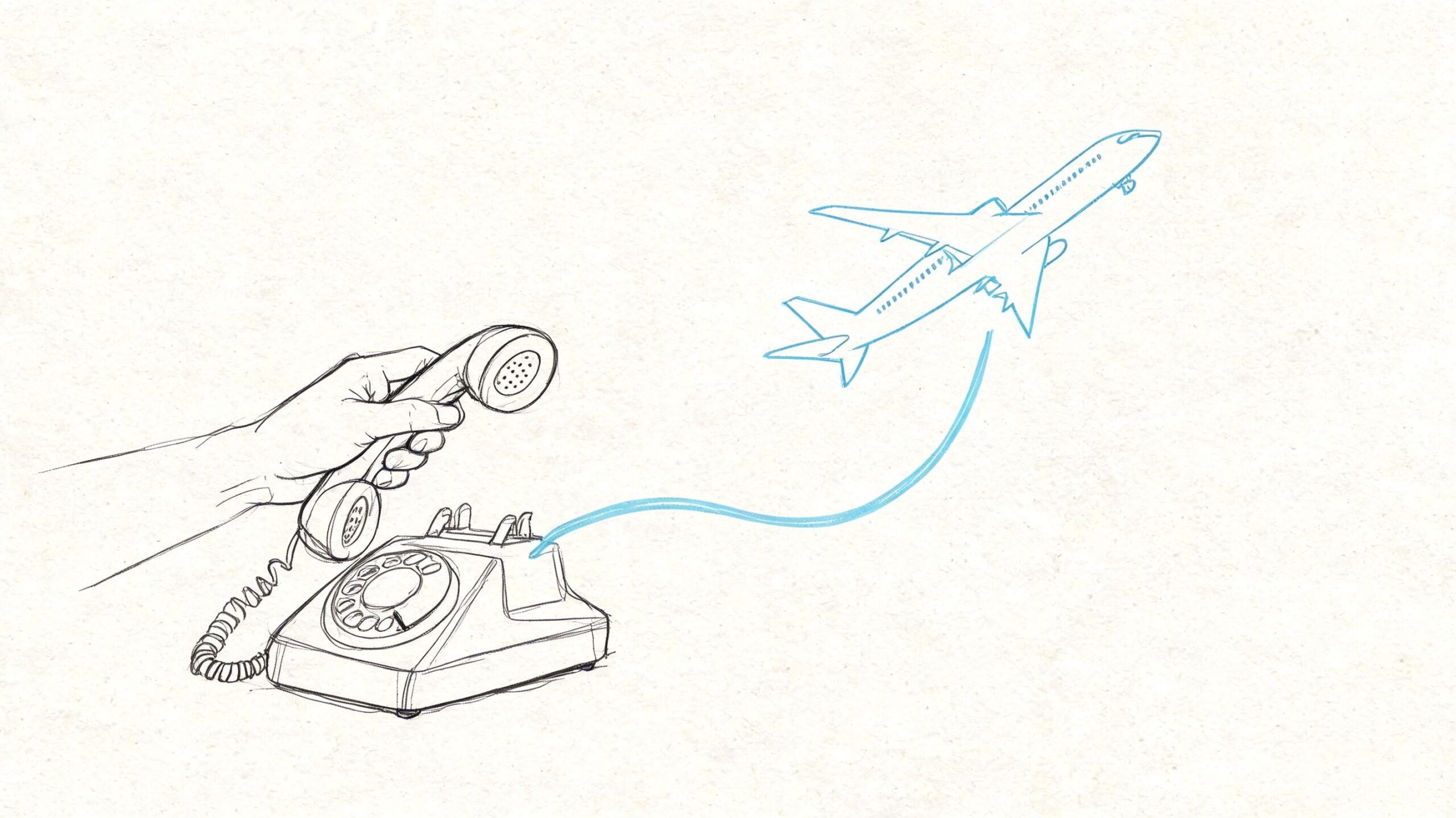 A hand holding a rotary telephone handset connected to a flying airplane with a blue line.