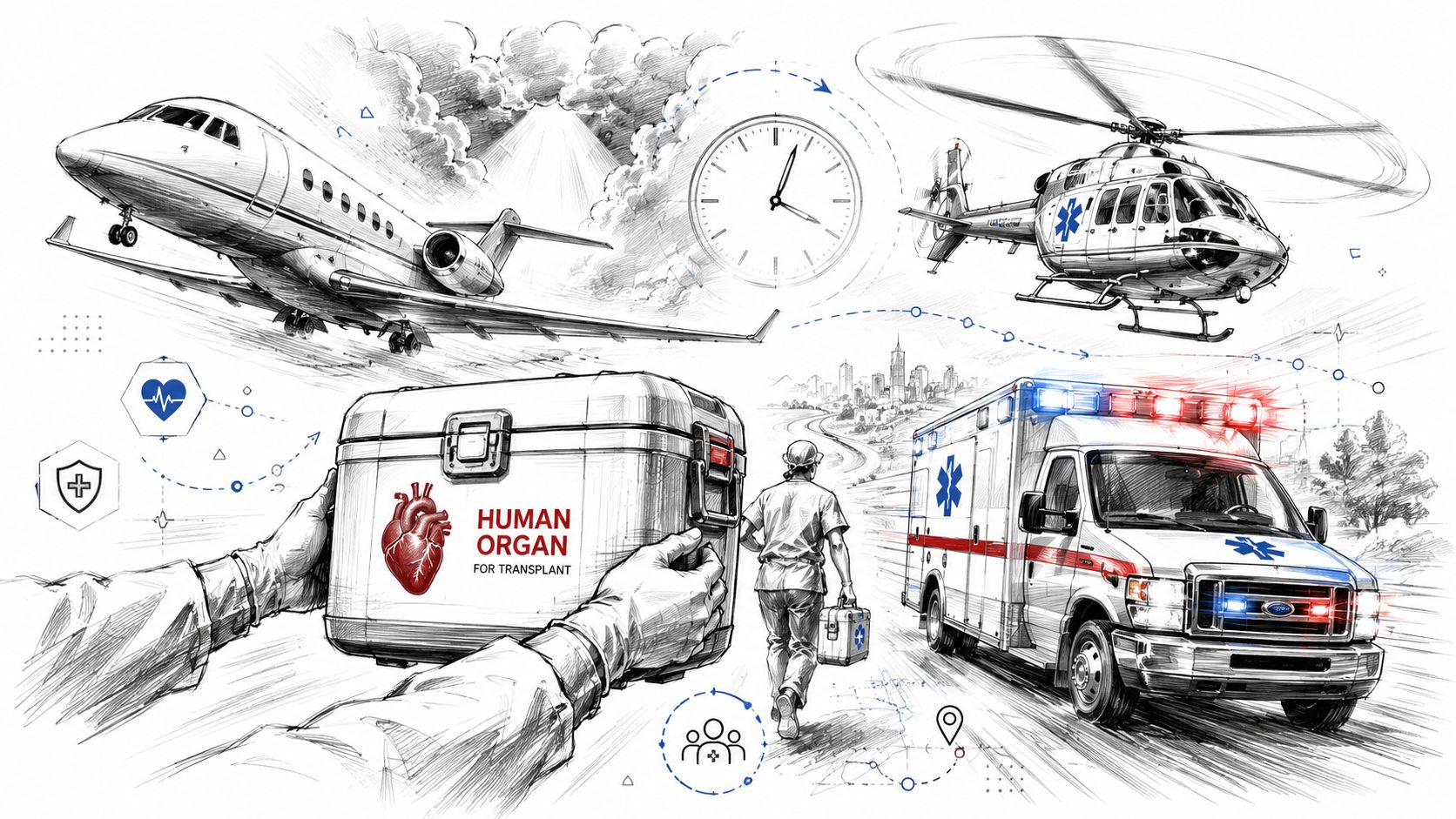 A conceptual sketch illustrating the logistical process of transporting a human heart for emergency organ transplantation.