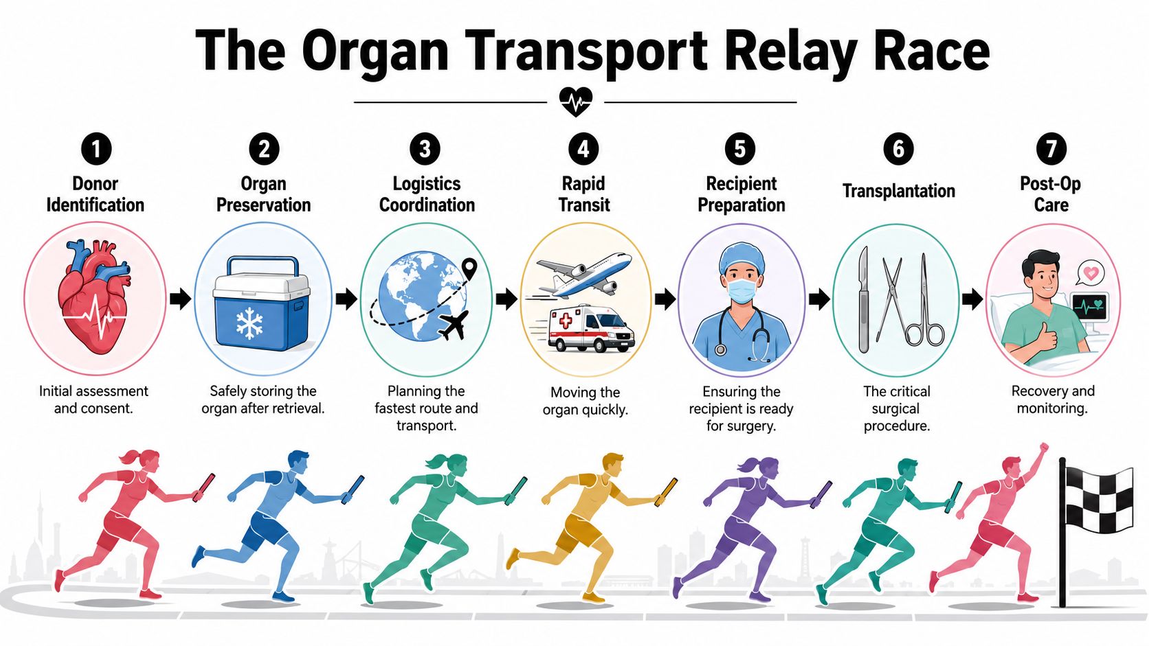 An infographic titled The Organ Transport Relay Race showing seven steps of the organ transplantation process.