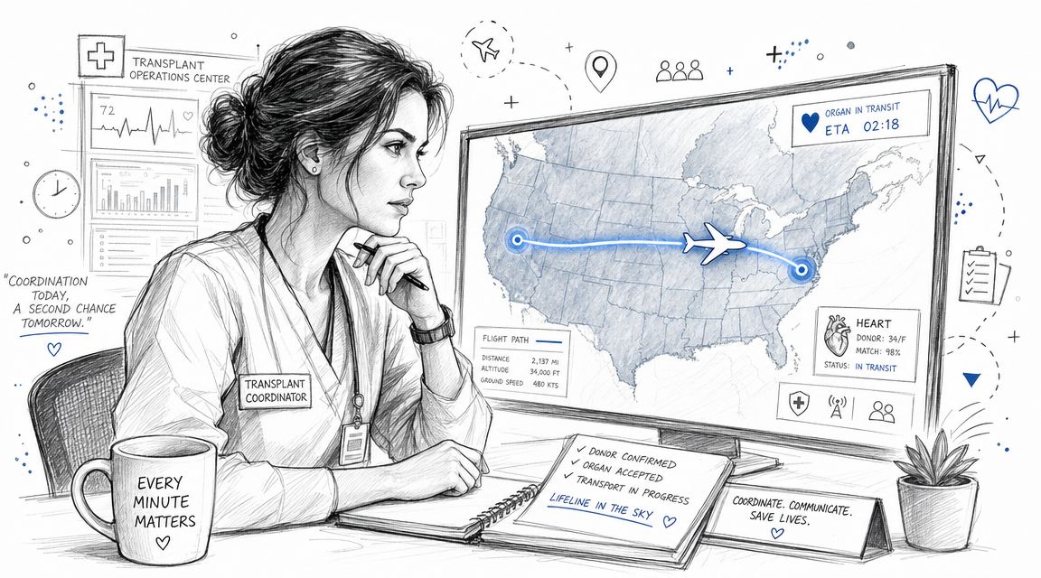 A dedicated transplant coordinator monitors a live flight path on a digital screen tracking an organ transport.
