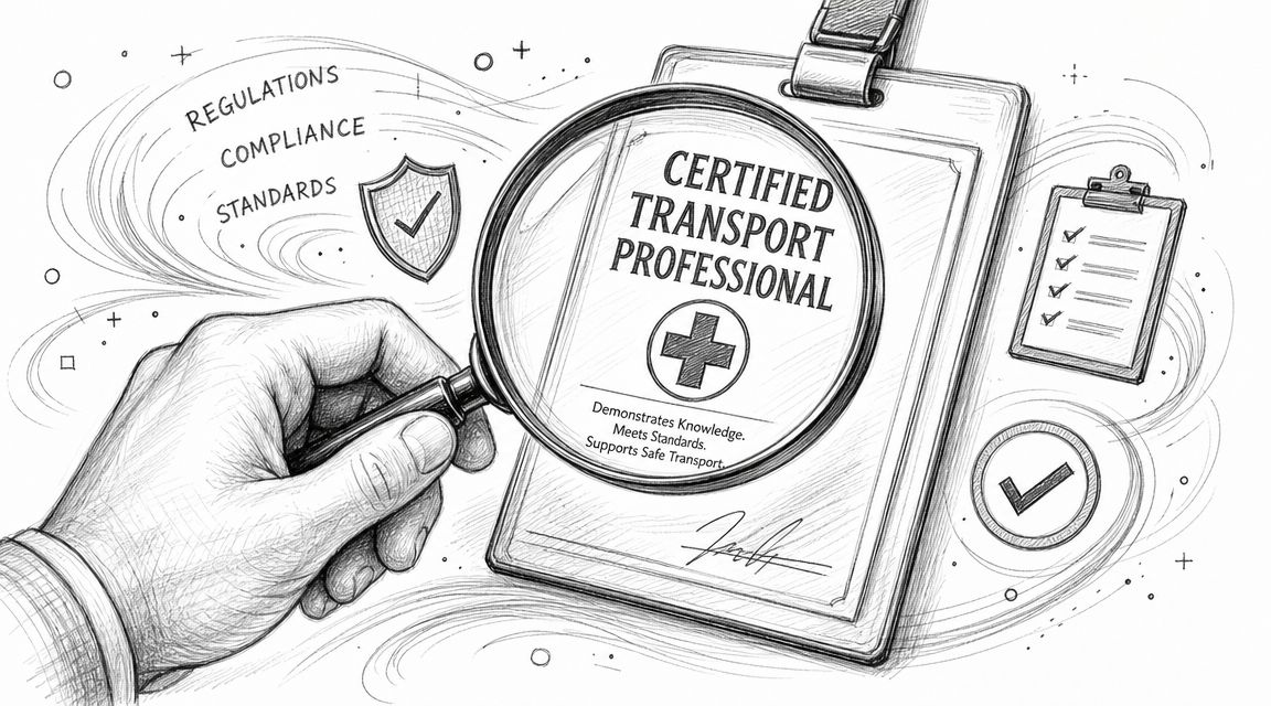 A hand holding a magnifying glass over a Certified Transport Professional certificate, emphasizing compliance and safety standards.