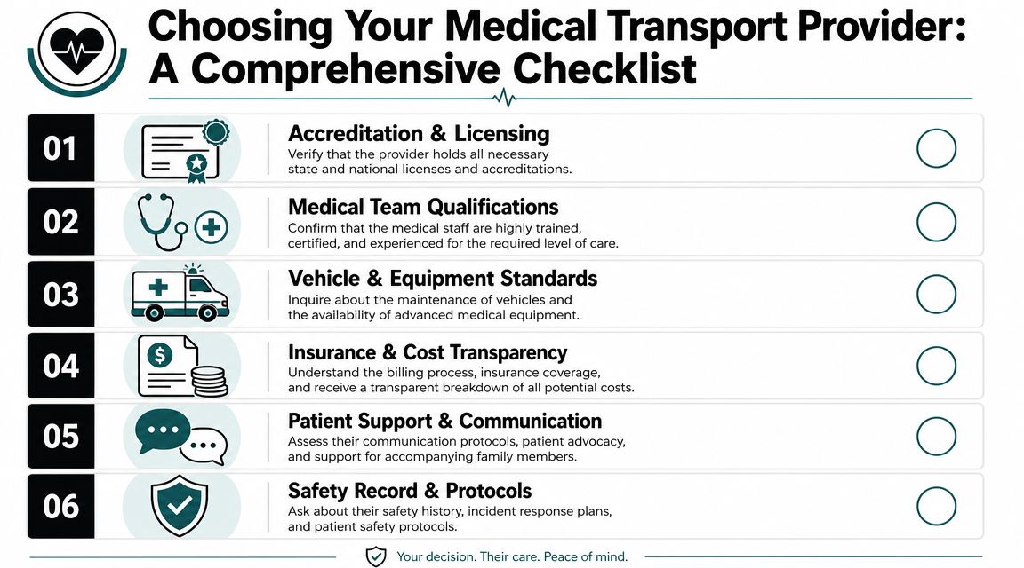 A checklist infographic titled Choosing Your Medical Transport Provider, listing six essential criteria for evaluating transport services.