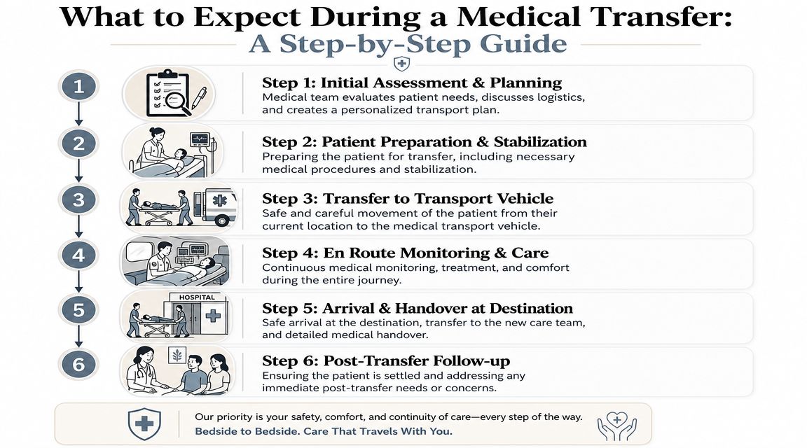 A step-by-step infographic illustrating the medical transport process from initial assessment to post-transfer follow-up care.