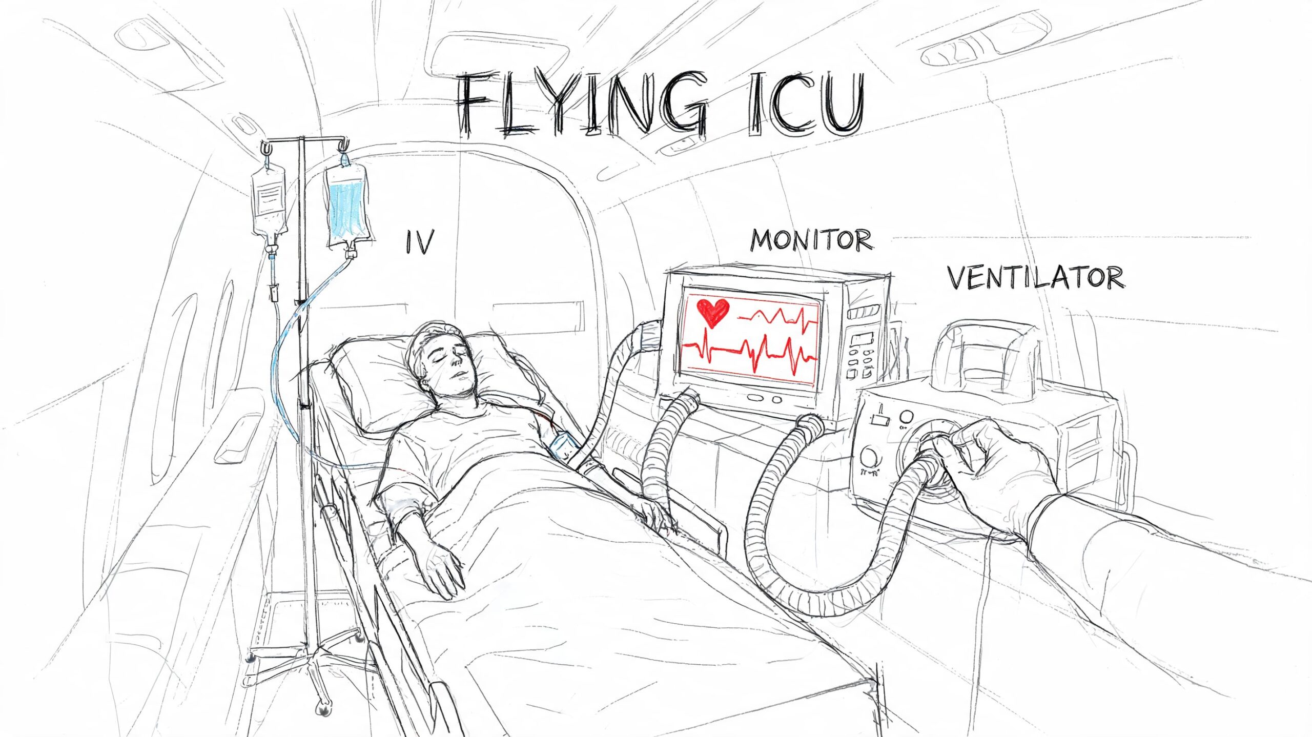 A digital sketch of a patient receiving medical care inside a flying ambulance or air medical transport.