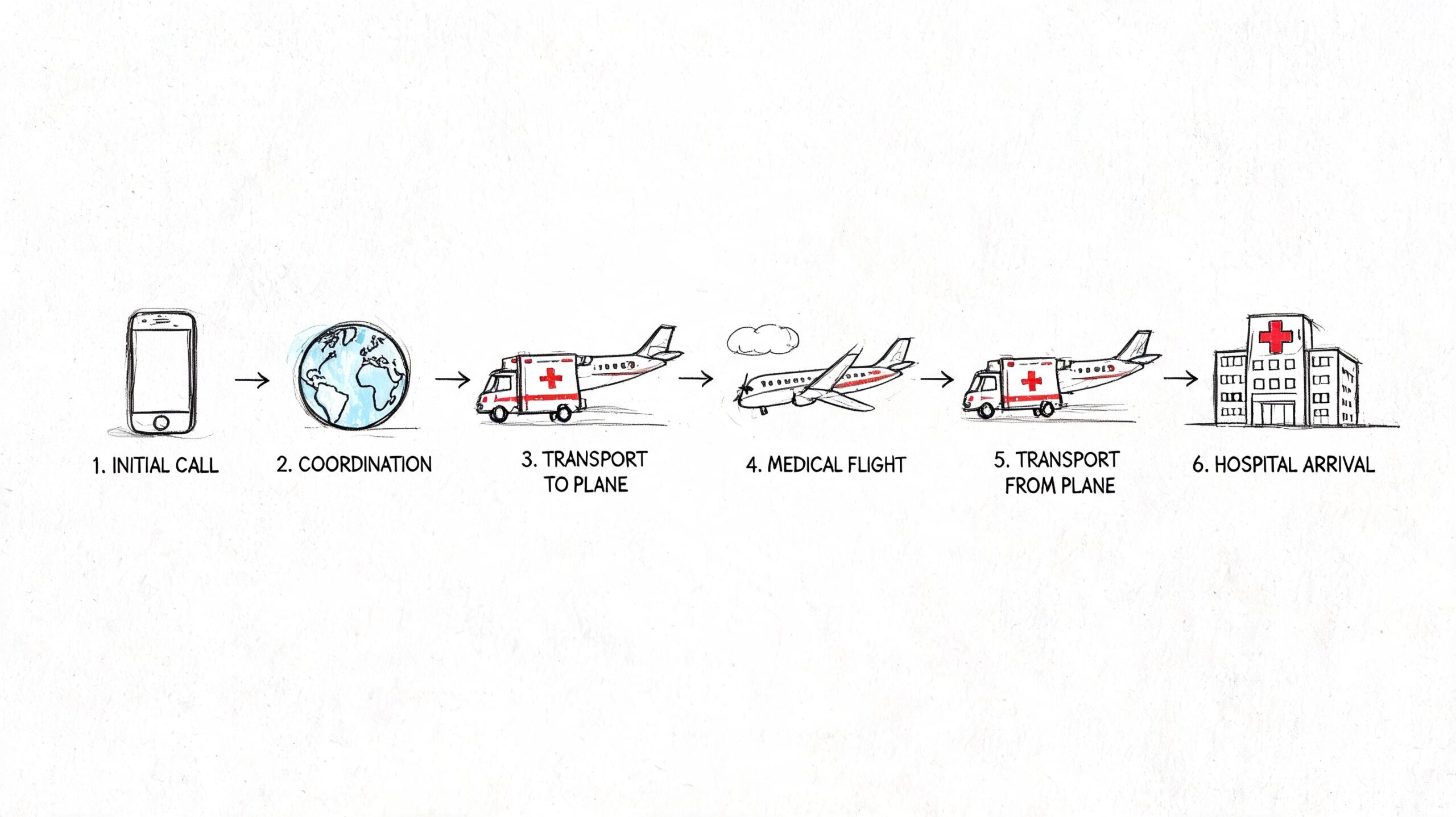 A six-step illustration showing the process of medical air transport from the initial call to hospital arrival.