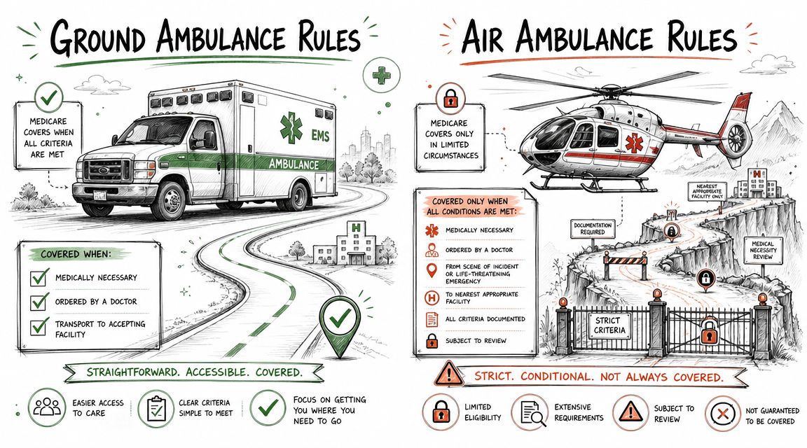 An infographic comparing Medicare coverage rules for ground ambulances and air ambulances with clear requirements listed.