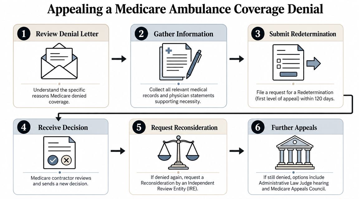 A six-step infographic explaining the process for appealing a Medicare ambulance service coverage denial decision.