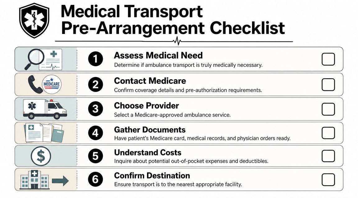 A checklist for arranging medical transport, outlining six steps to ensure coverage and compliance with Medicare.