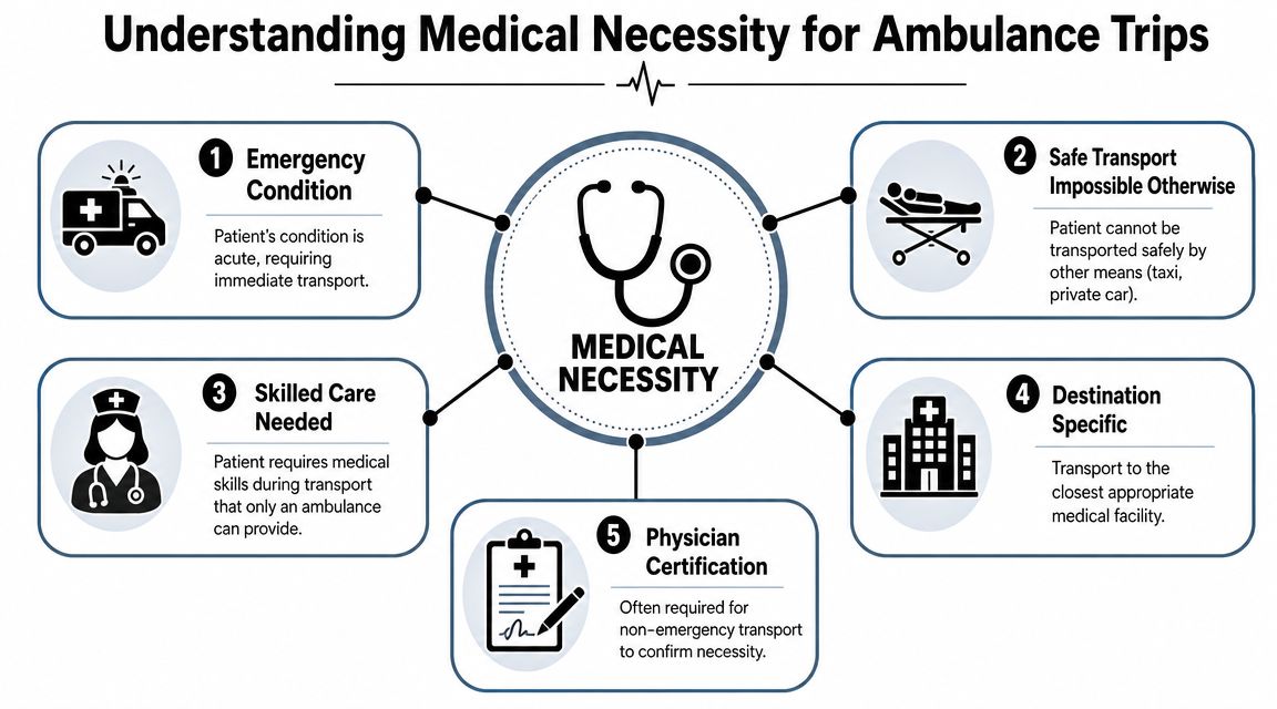 An infographic showing the five key criteria required to establish medical necessity for ambulance services.