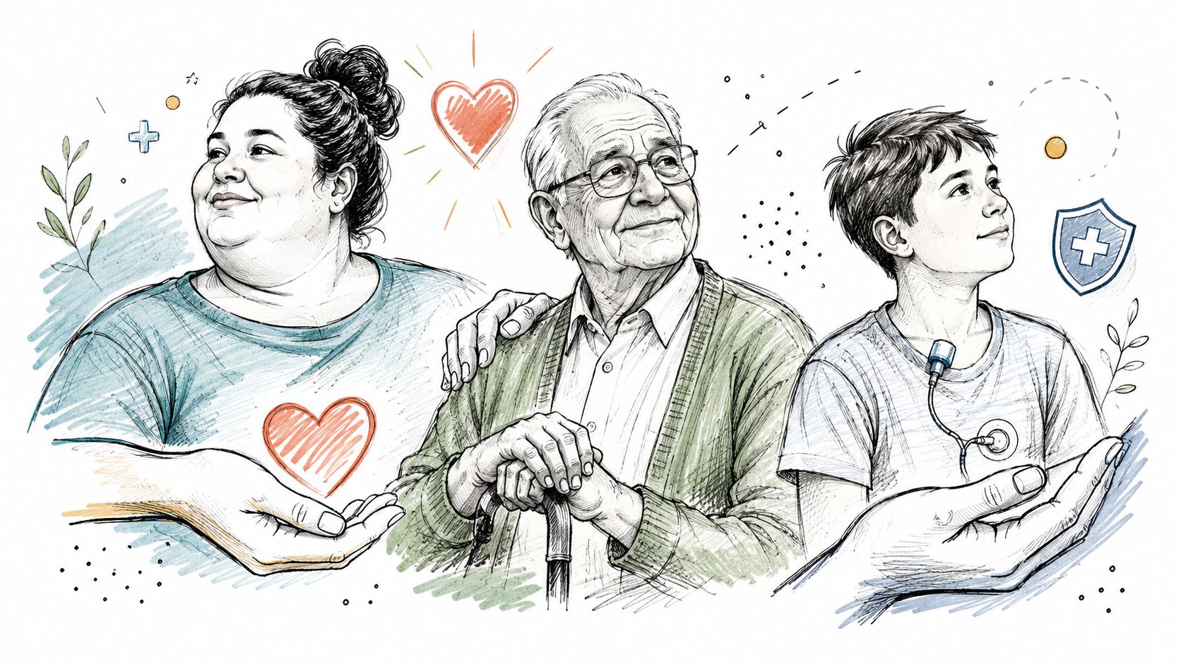 A pencil sketch style illustration featuring a woman, an elderly man with a cane, and a child.
