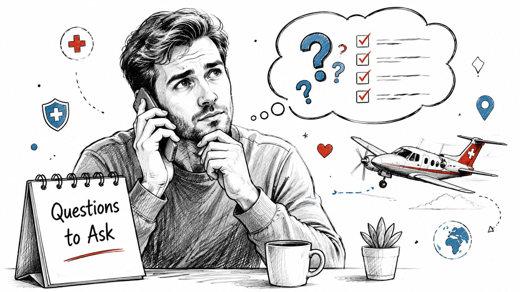 A man on a phone call with a notepad titled Questions to Ask and aviation-themed icons.