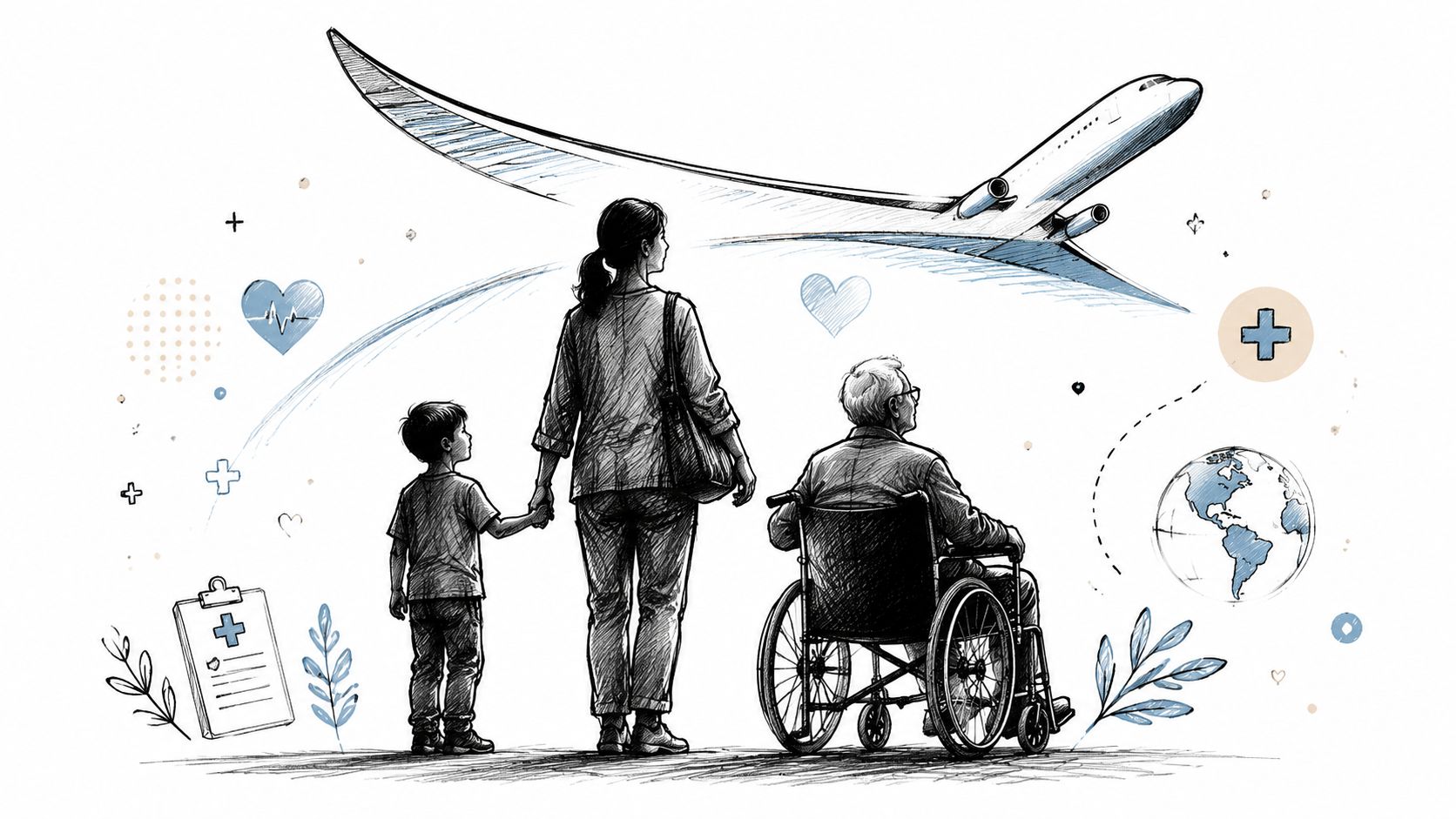 A woman holding a child's hand next to an elderly person in a wheelchair near an airplane.