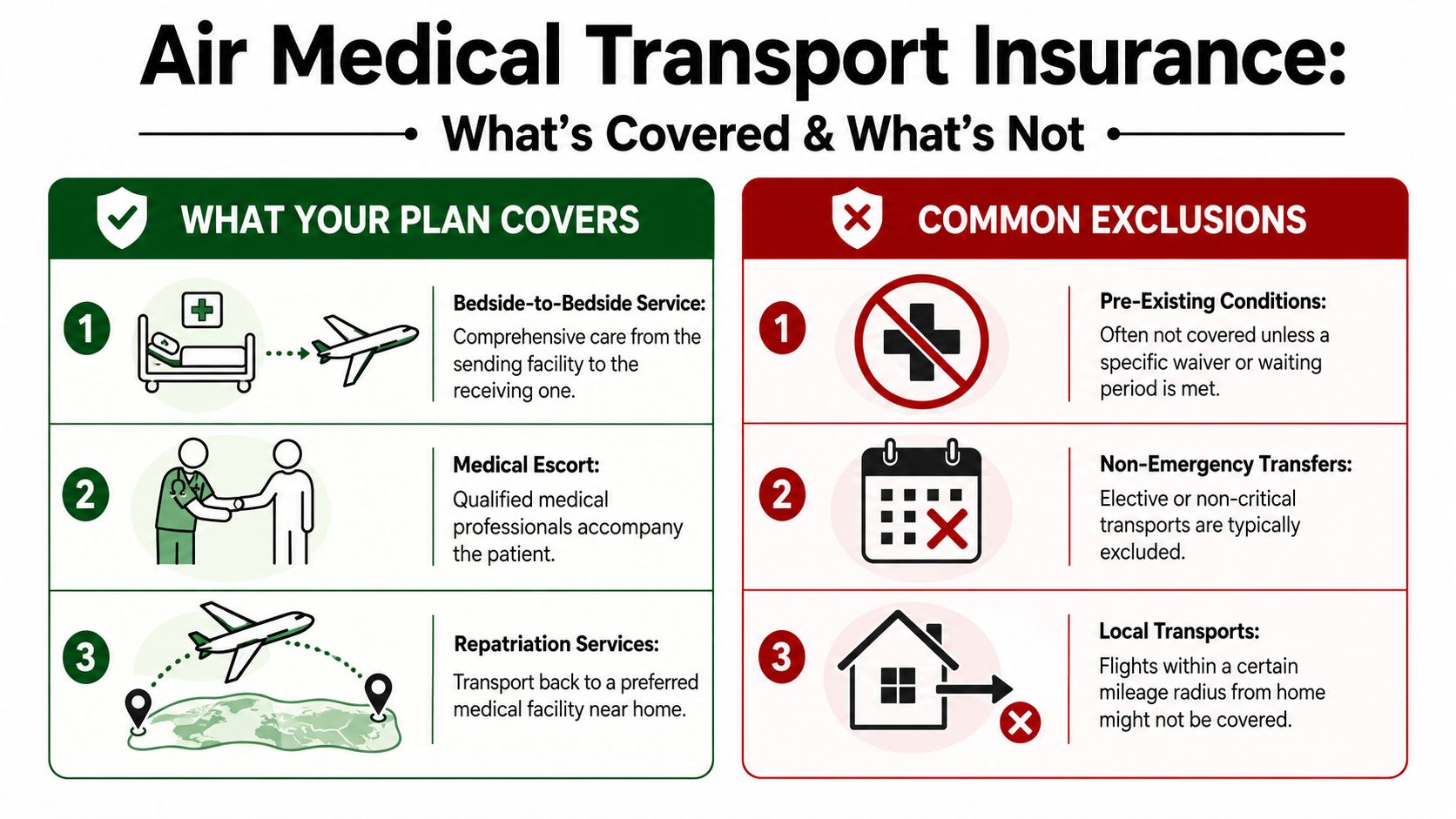 An infographic titled Air Medical Transport Insurance, displaying what is typically covered versus common policy exclusions.