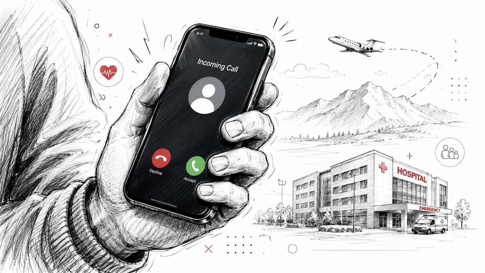 A hand holding a smartphone showing an incoming call with a hospital and emergency plane in background.